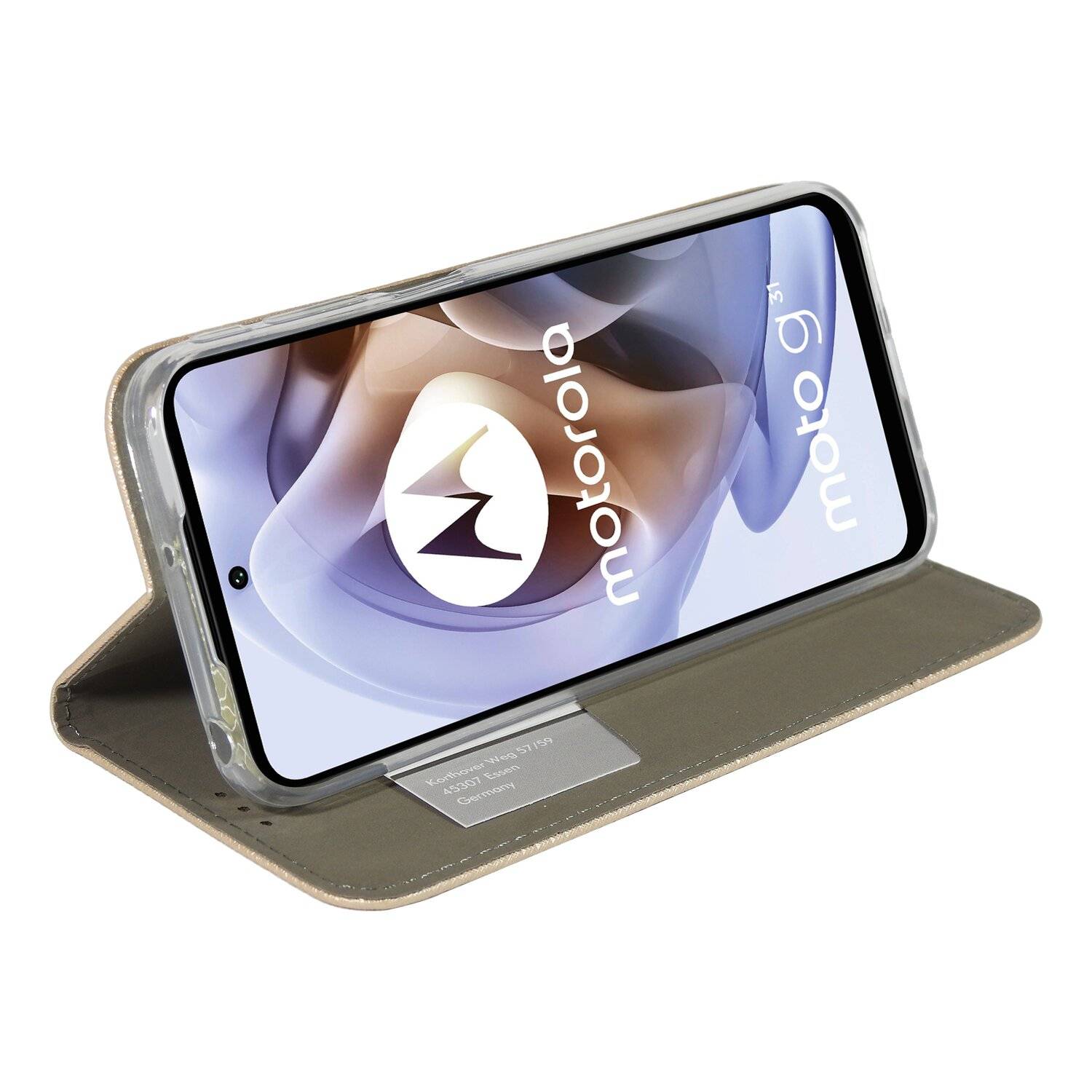 Elegante Buch-Tasche Hülle Smart Magnet für MOTOROLA MOTO G31 Leder Optik Wallet Book-Style Cover Schale in Gold