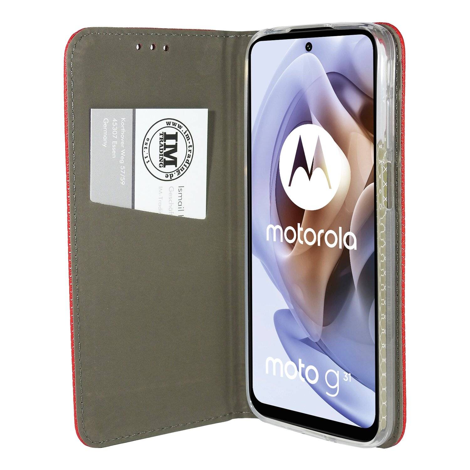 Elegante Buch-Tasche Hülle Smart Magnet für MOTOROLA MOTO G31 Leder Optik Wallet Book-Style Cover Schale in Rot
