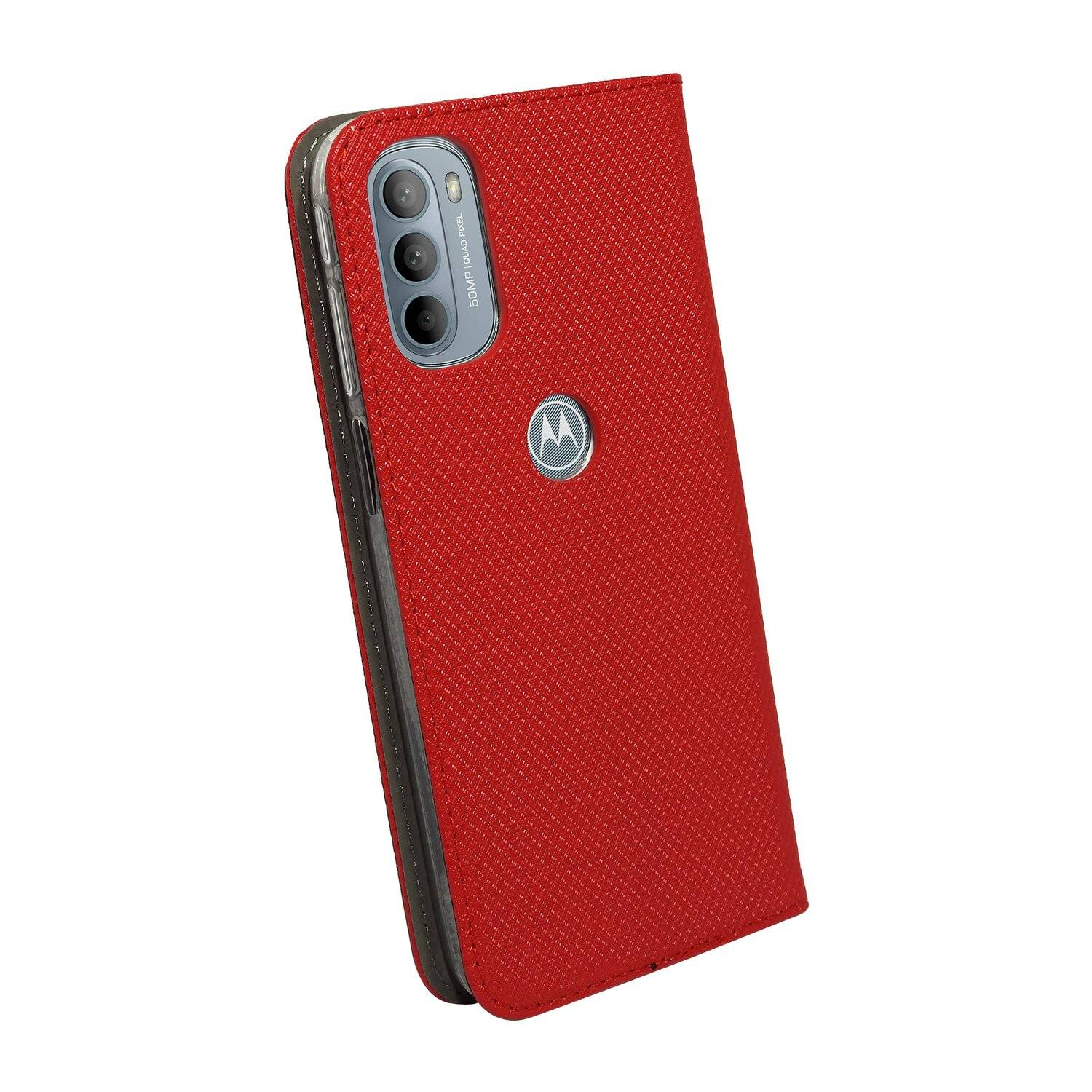 Elegante Buch-Tasche Hülle Smart Magnet für MOTOROLA MOTO G31 Leder Optik Wallet Book-Style Cover Schale in Rot