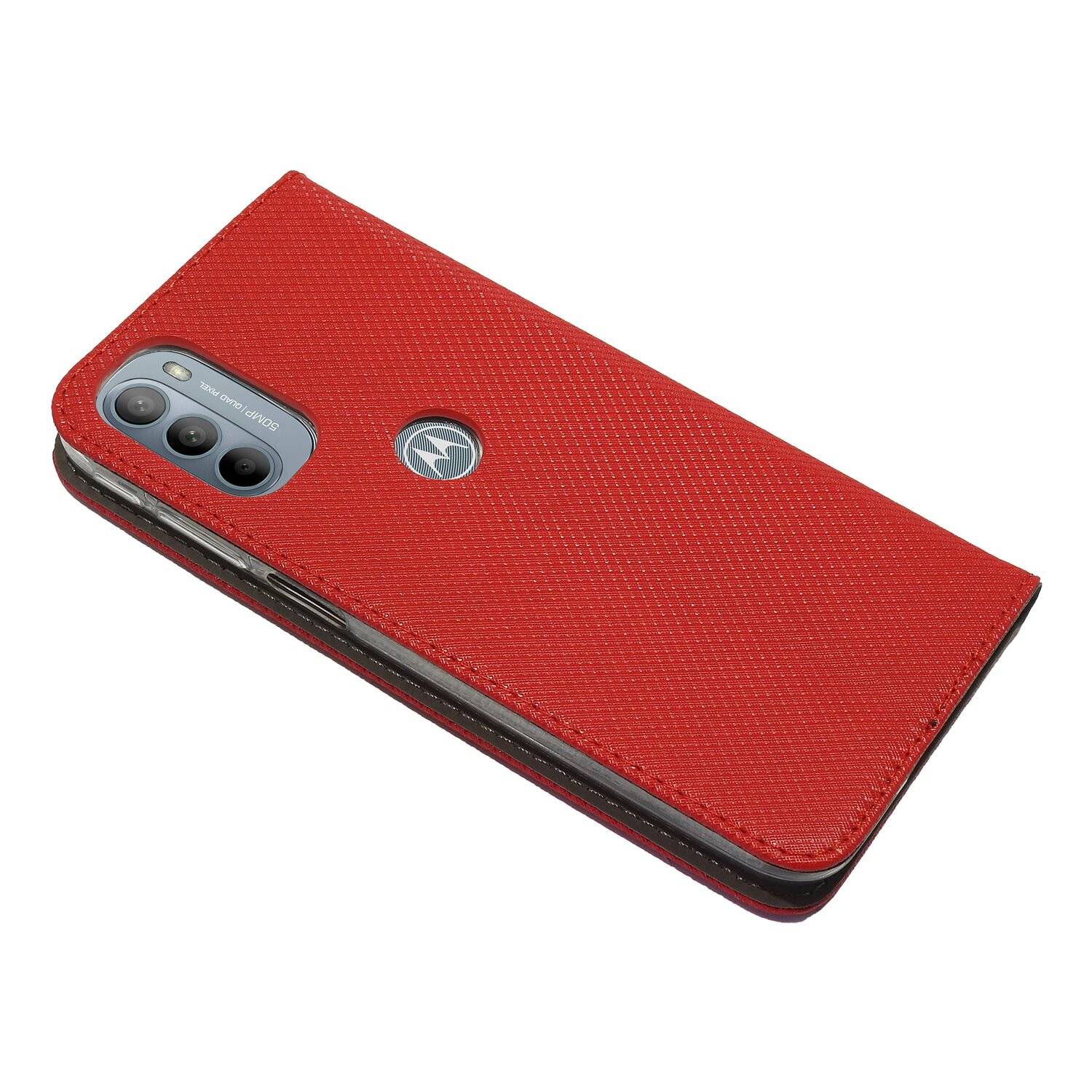Elegante Buch-Tasche Hülle Smart Magnet für MOTOROLA MOTO G31 Leder Optik Wallet Book-Style Cover Schale in Rot