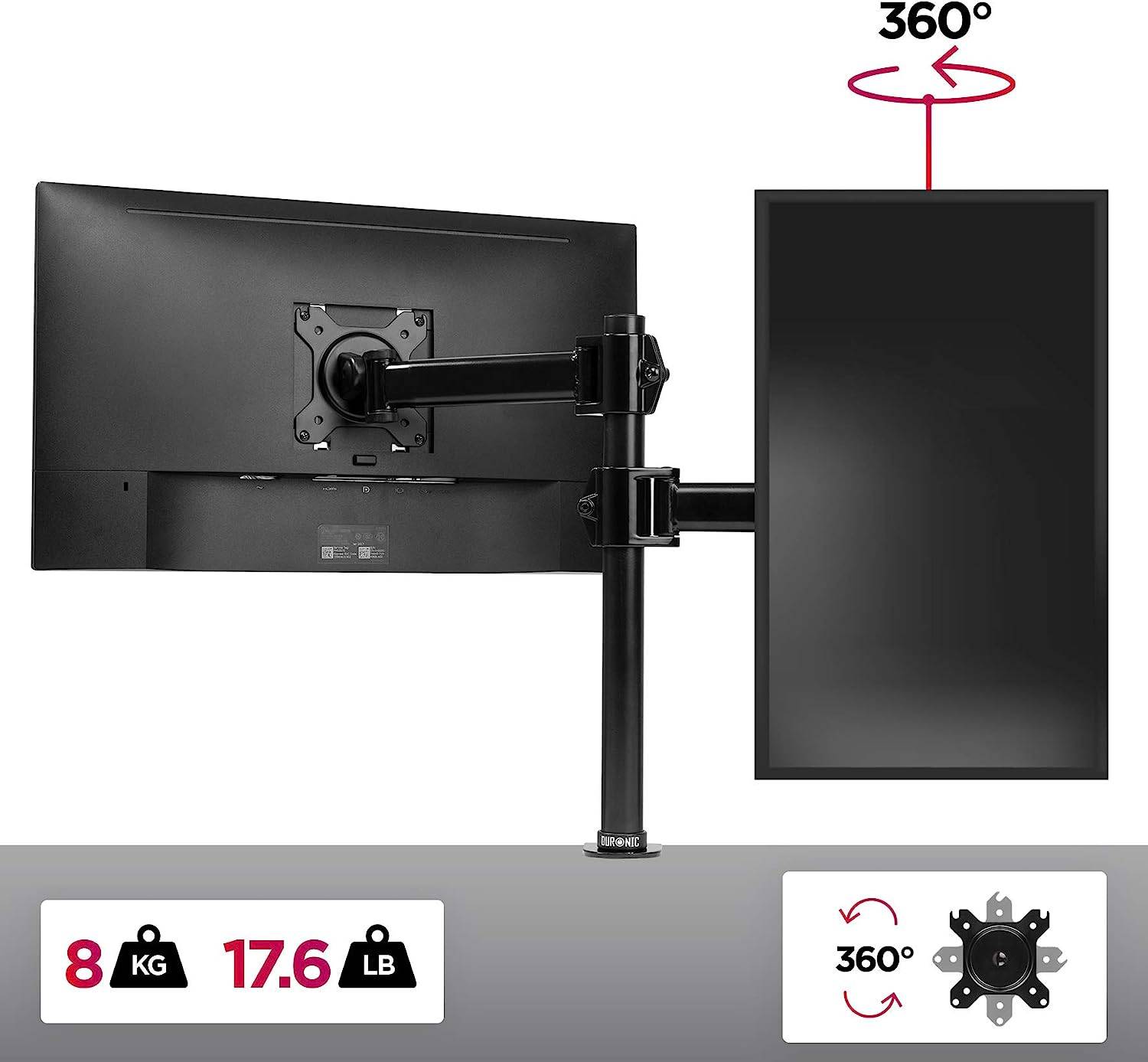 Duronic DM251X2 Monitorhalterung für 27 Zoll - 8kg Kapazität - Verstellbar in Höhe, Neigung und Drehung - VESA 75/100