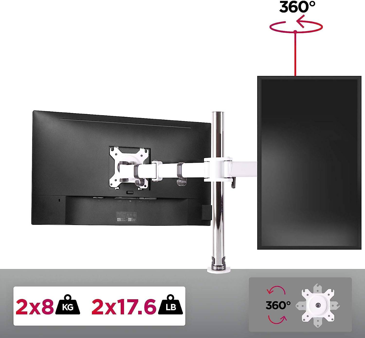 Duronic DM252 WE Monitorhalterung für zwei 27" - 8kg Kapazität - Verstellbar in Höhe, Neigung und Drehung - VESA 75/100