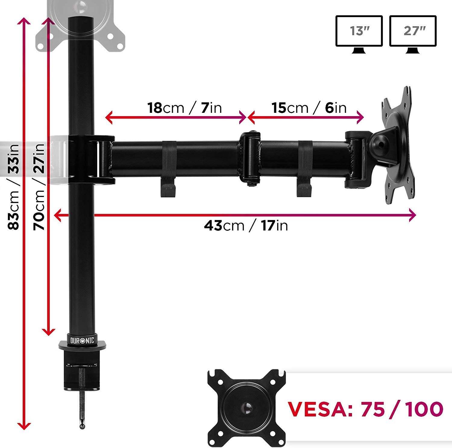 Duronic DM253 Monitorhalterung für drei 27" - 8kg Kapazität - Verstellbar in Höhe, Neigung und Drehung - VESA 75/100