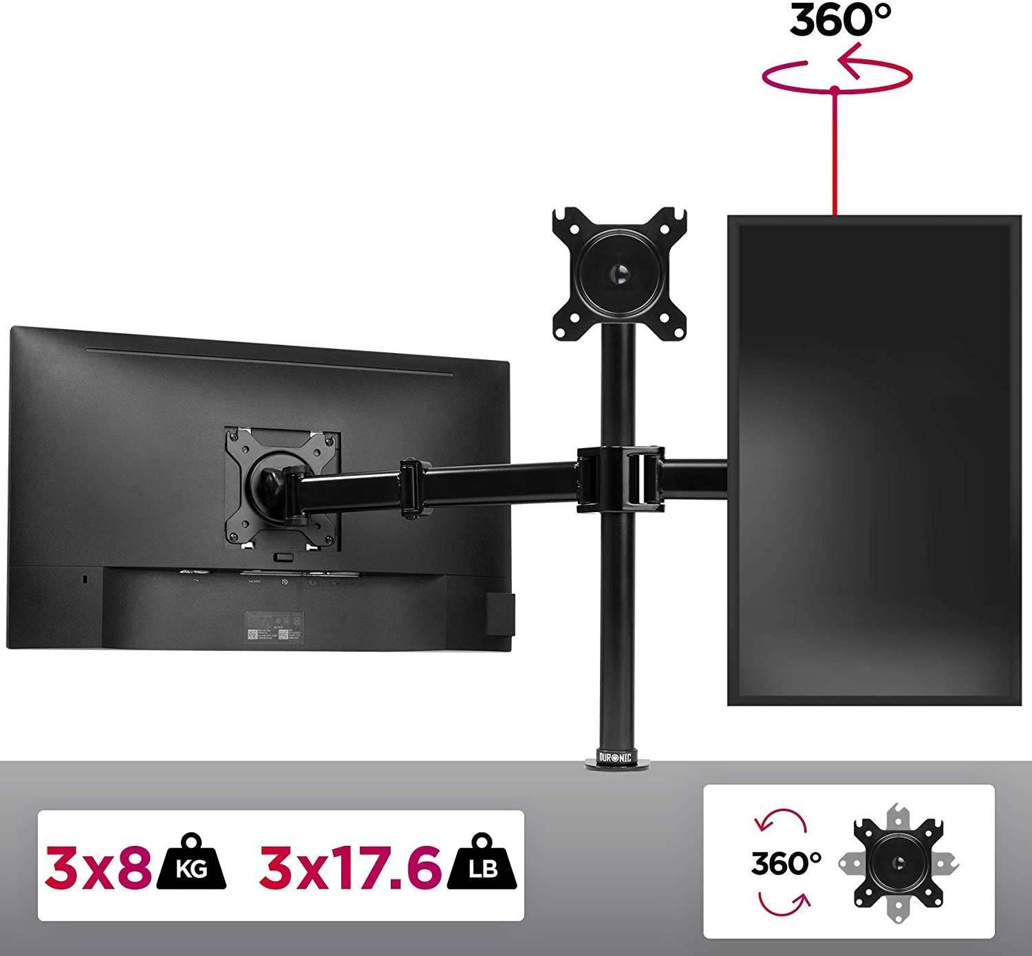 Duronic DM253 Monitorhalterung für drei 27" - 8kg Kapazität - Verstellbar in Höhe, Neigung und Drehung - VESA 75/100