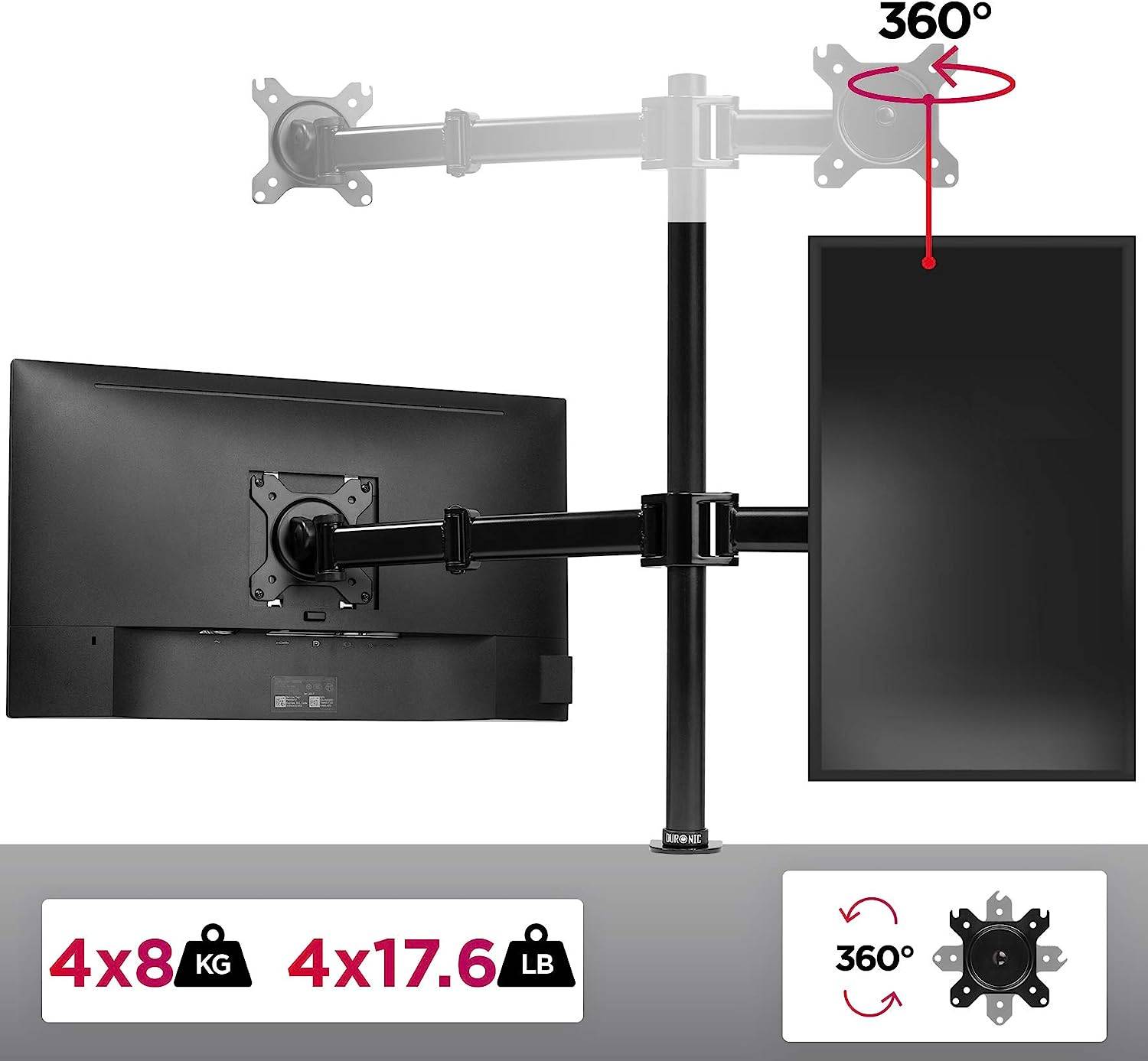 Duronic DM254 Monitorhalterung für vier 27" - 8kg Kapazität - Verstellbar in Höhe, Neigung und Drehung - VESA 75/100