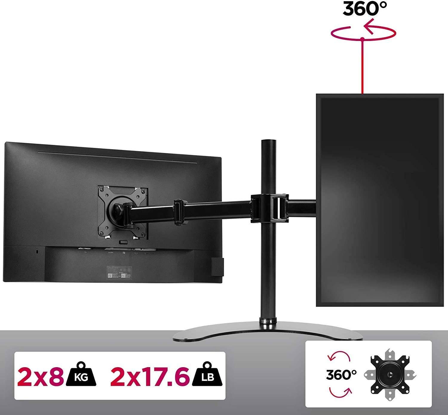 Duronic DM25D2 Monitorfuß für zwei 27" - 8kg Kapazität - Verstellbar in Höhe, Neigung und Drehung - VESA 75/100