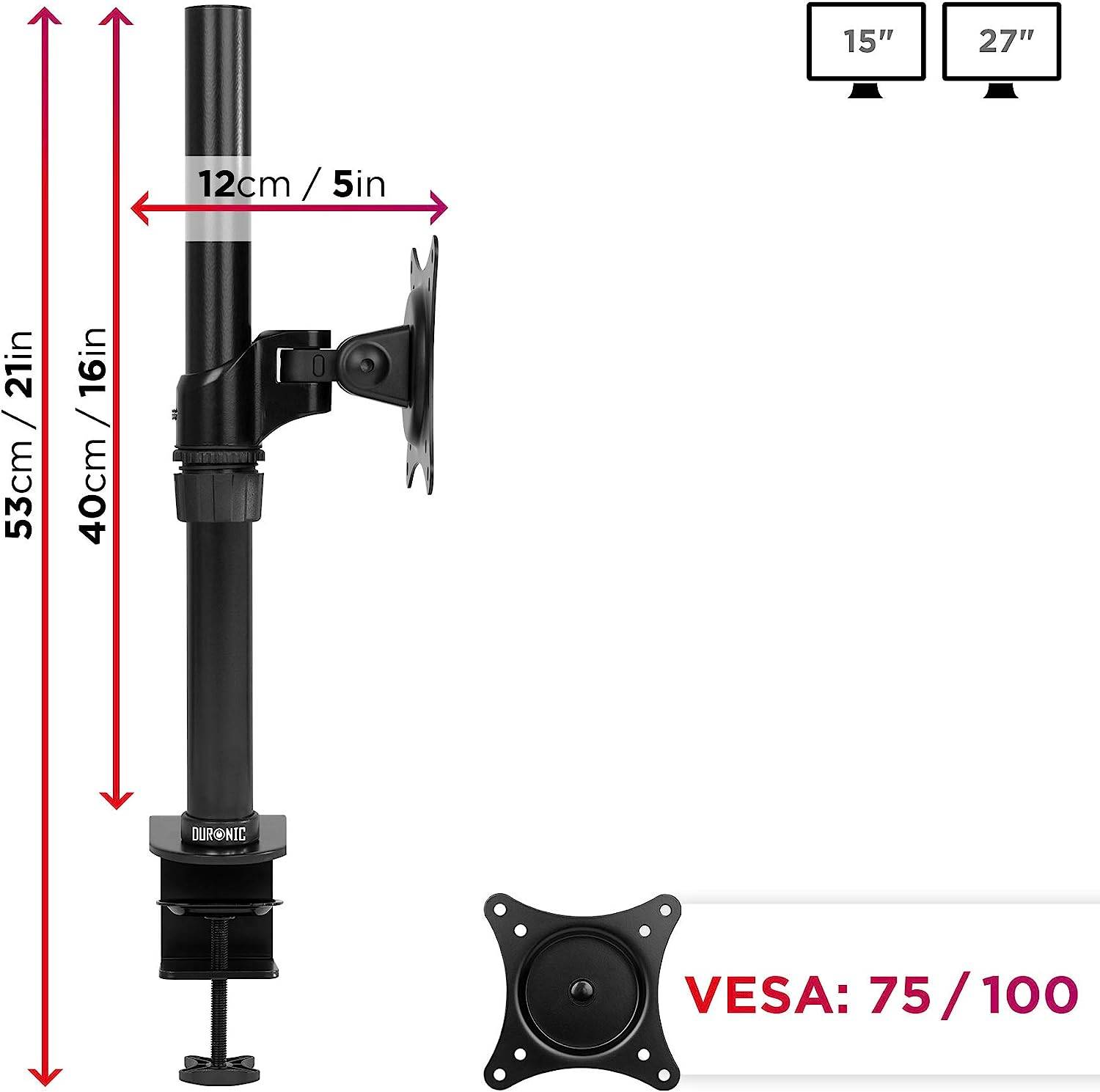 Duronic DM451X1 Monitorhalterung für 27" - 13,8kg Kapazität - Verstellbar in Höhe, Neigung und Drehung - VESA 75/100