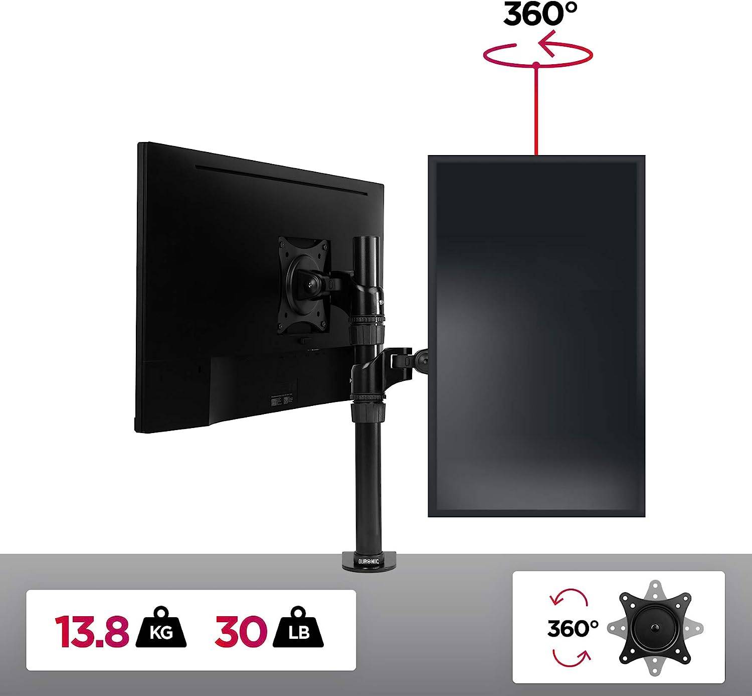 Duronic DM451X1 Monitorhalterung für 27" - 13,8kg Kapazität - Verstellbar in Höhe, Neigung und Drehung - VESA 75/100