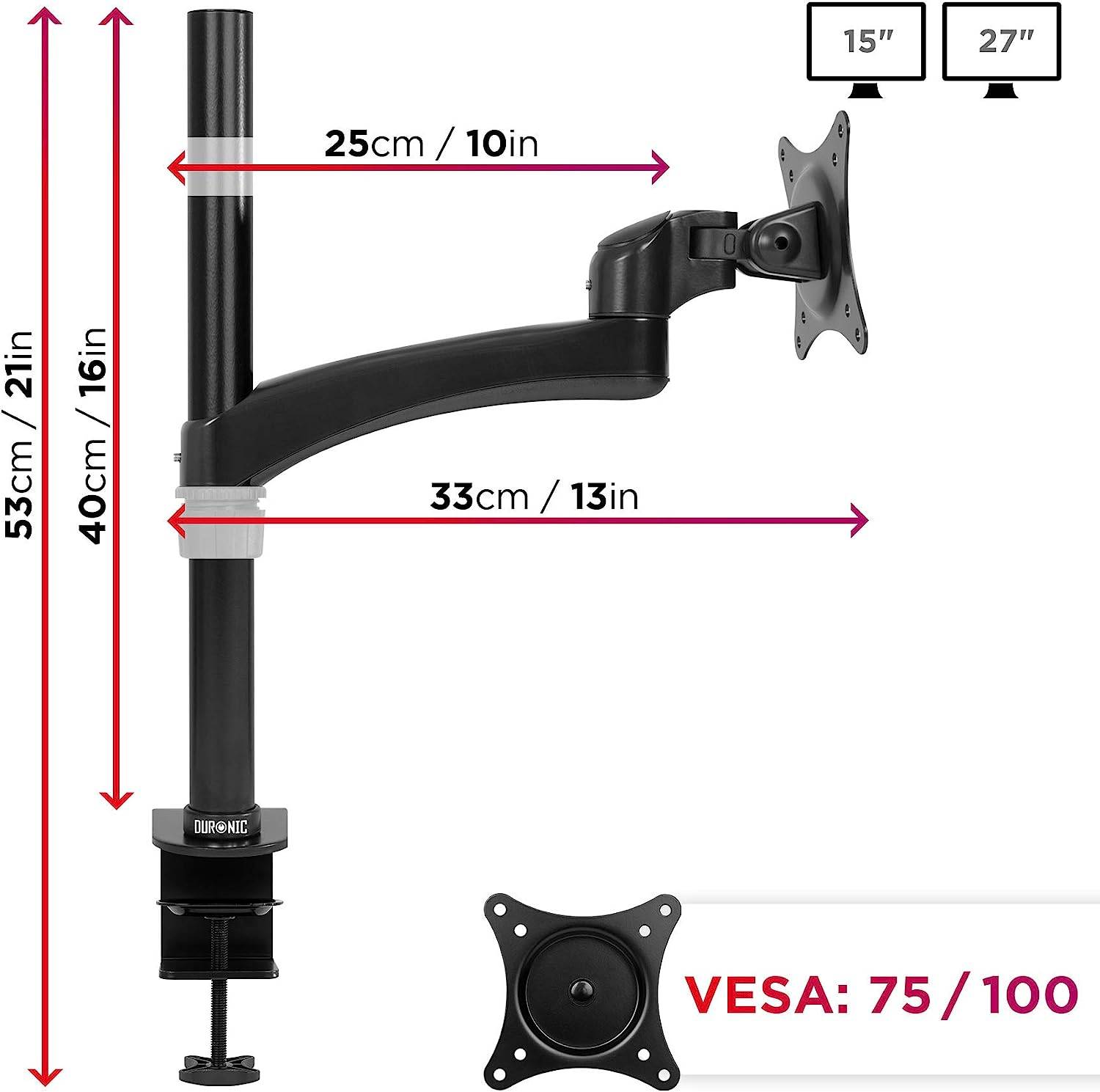 Duronic DM451X2 Monitorhalterung für 27" - 13,8kg Kapazität - Verstellbar in Höhe, Neigung und Drehung - VESA 75/100