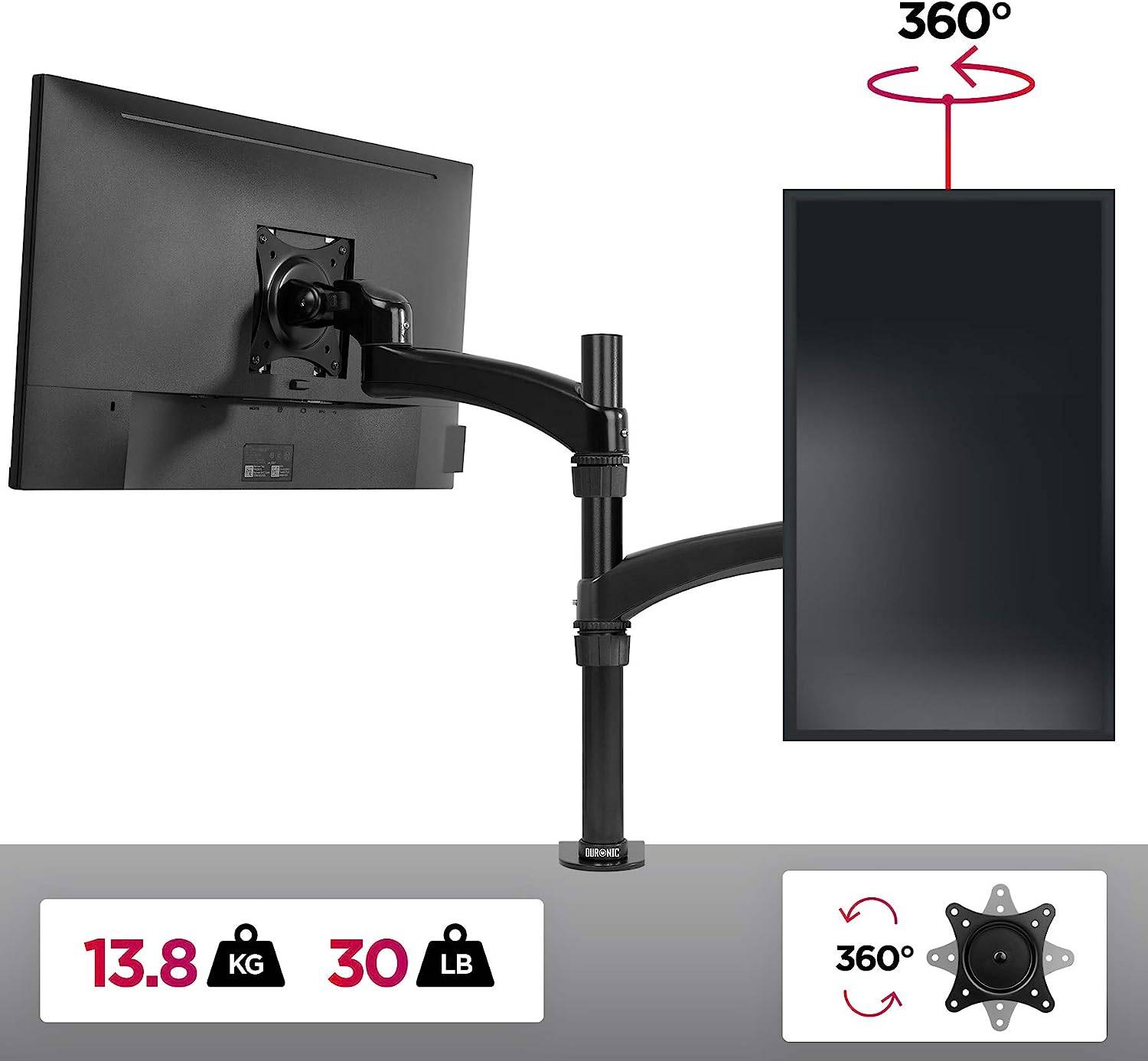 Duronic DM451X2 Monitorhalterung für 27" - 13,8kg Kapazität - Verstellbar in Höhe, Neigung und Drehung - VESA 75/100