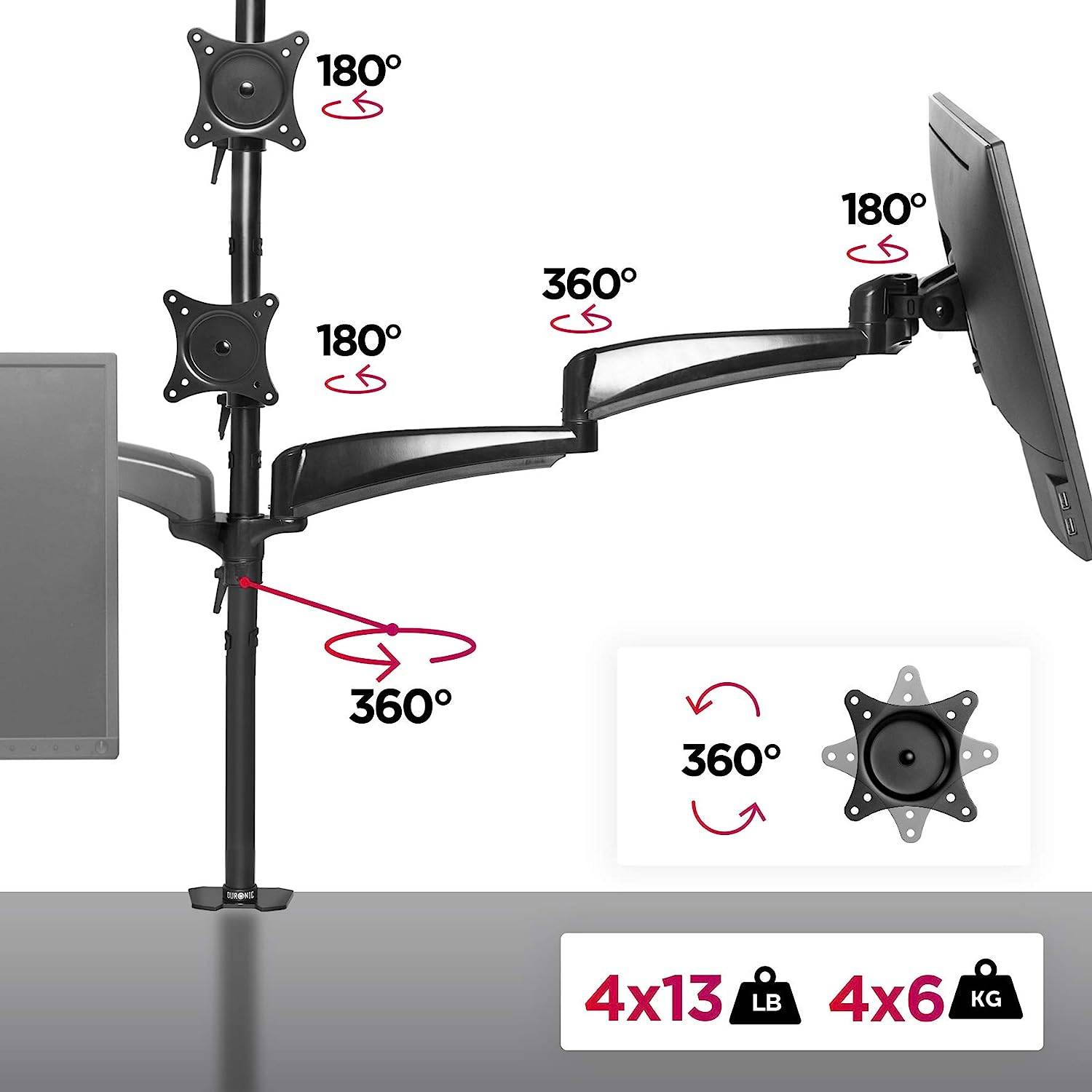 Duronic DM453VX1 Monitorhalter für vier 27" - 13kg Kapazität - Verstellbar in Höhe, Neigung und Drehung - VESA 75/100