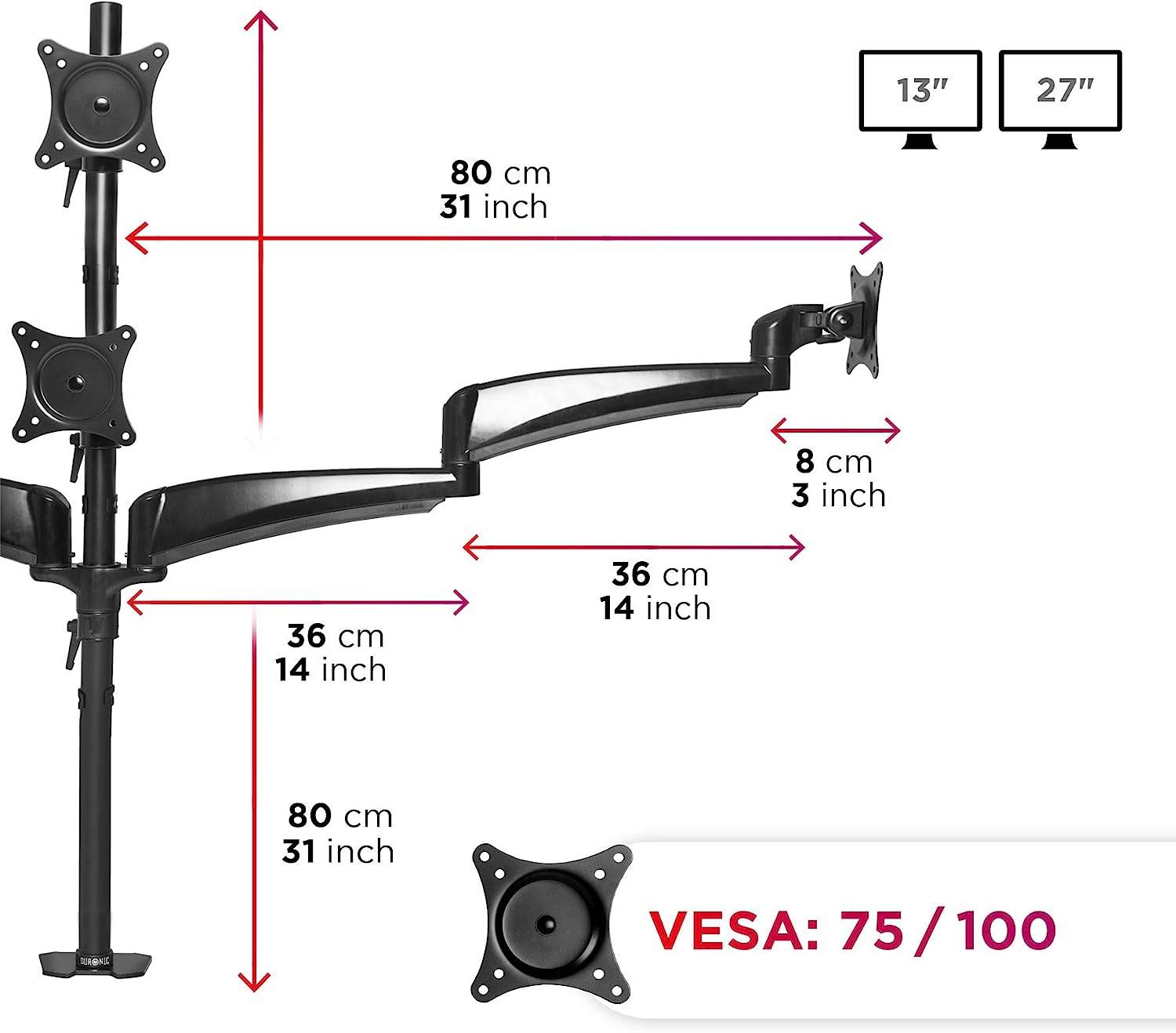 Duronic DM453VX1 Monitorhalter für vier 27" - 13kg Kapazität - Verstellbar in Höhe, Neigung und Drehung - VESA 75/100