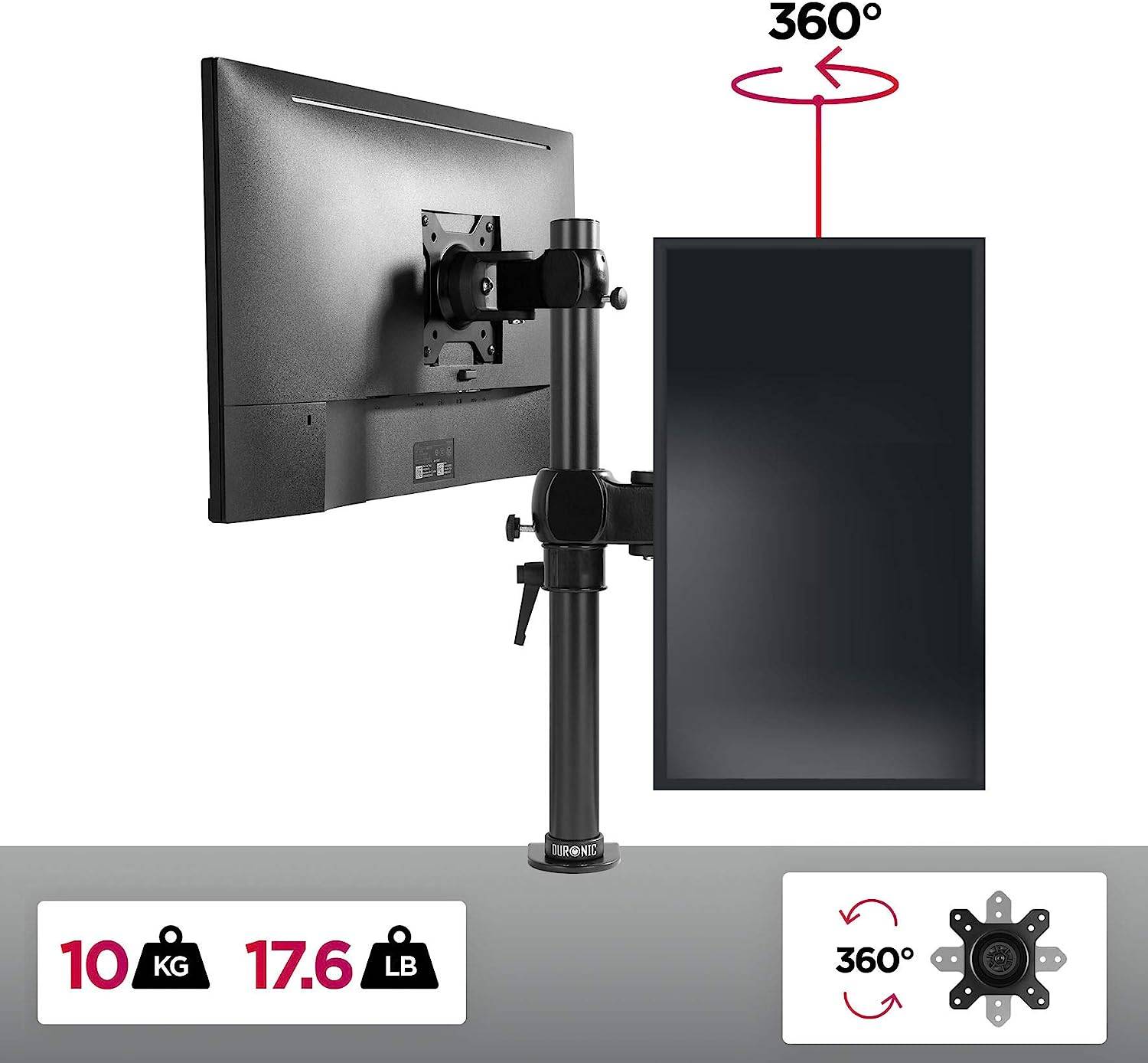 Duronic DM351X1 Monitorhalterung für 27 Zoll - 10kg Kapazität - Verstellbar in Höhe, Neigung und Drehung - VESA 75/100