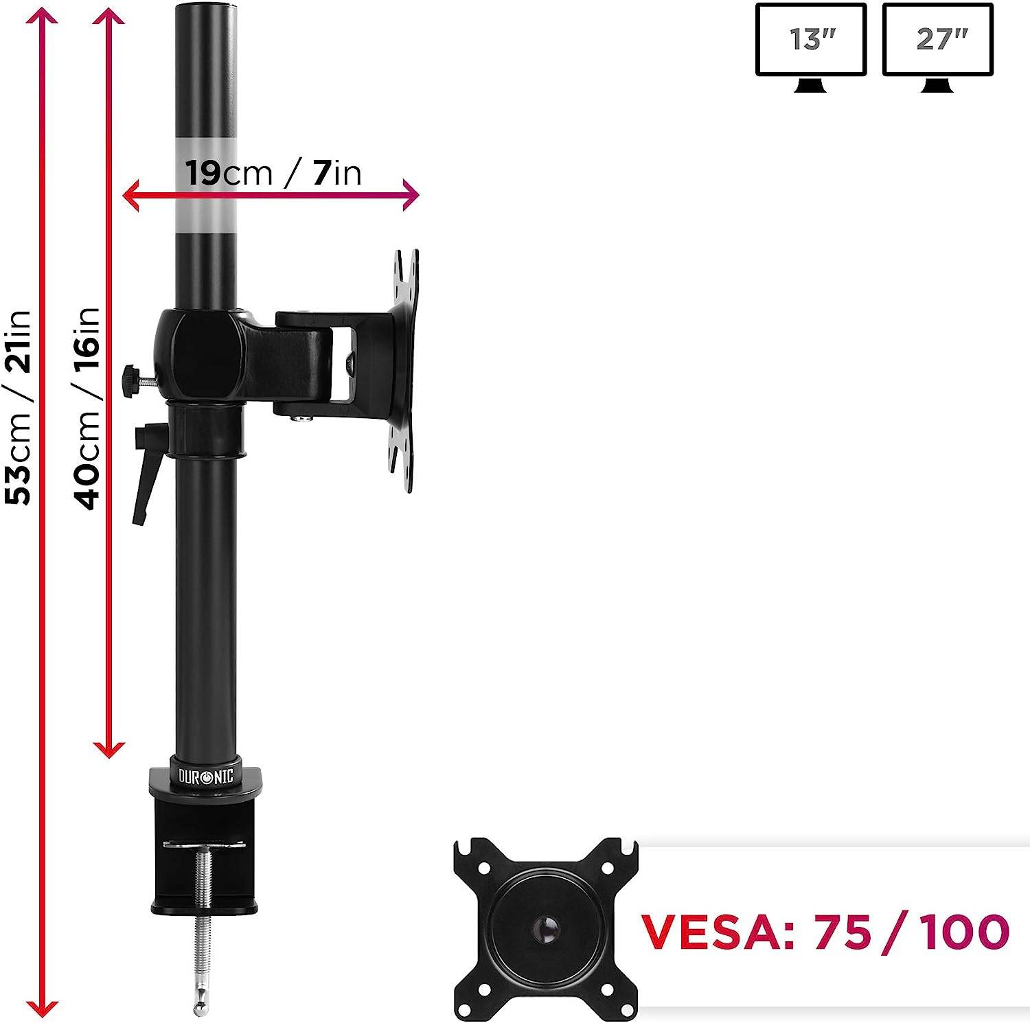 Duronic DM351X1 Monitorhalterung für 27 Zoll - 10kg Kapazität - Verstellbar in Höhe, Neigung und Drehung - VESA 75/100