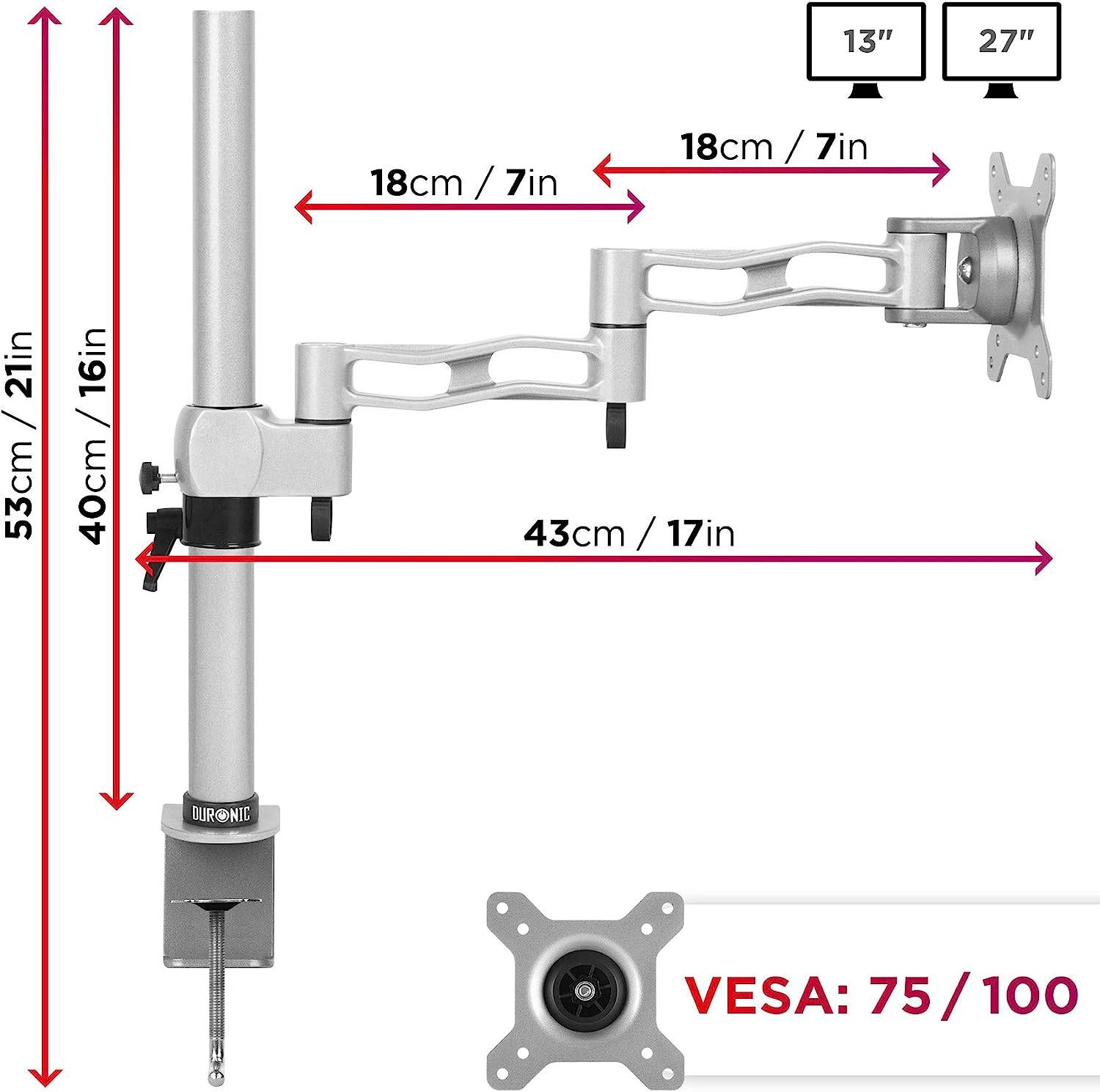Duronic DM351X3 SR Monitorhalterung für 27" - 10kg Kapazität - Verstellbar in Höhe, Neigung und Drehung - VESA 75/100