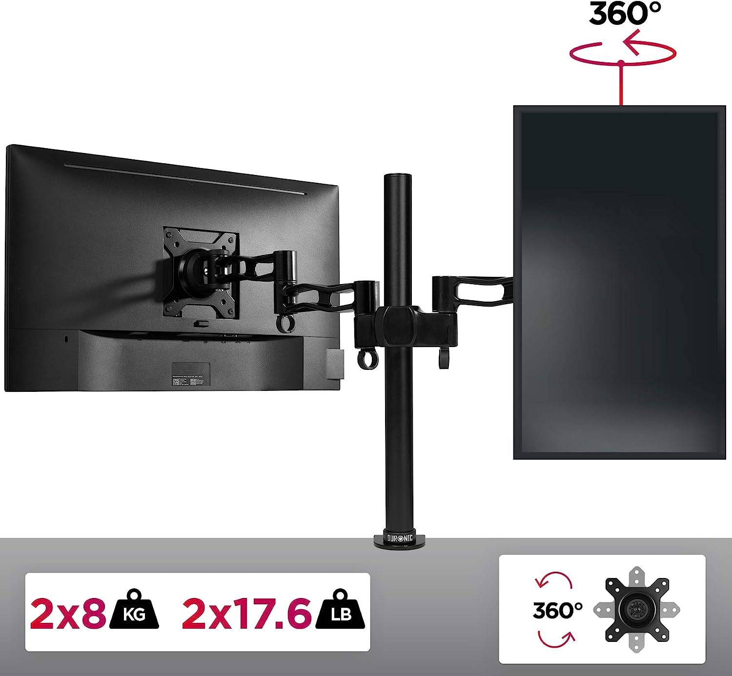 Duronic DM352 BK Monitorhalterung für zwei 27" - 8kg Kapazität - Verstellbar in Höhe, Neigung und Drehung - VESA 75/100