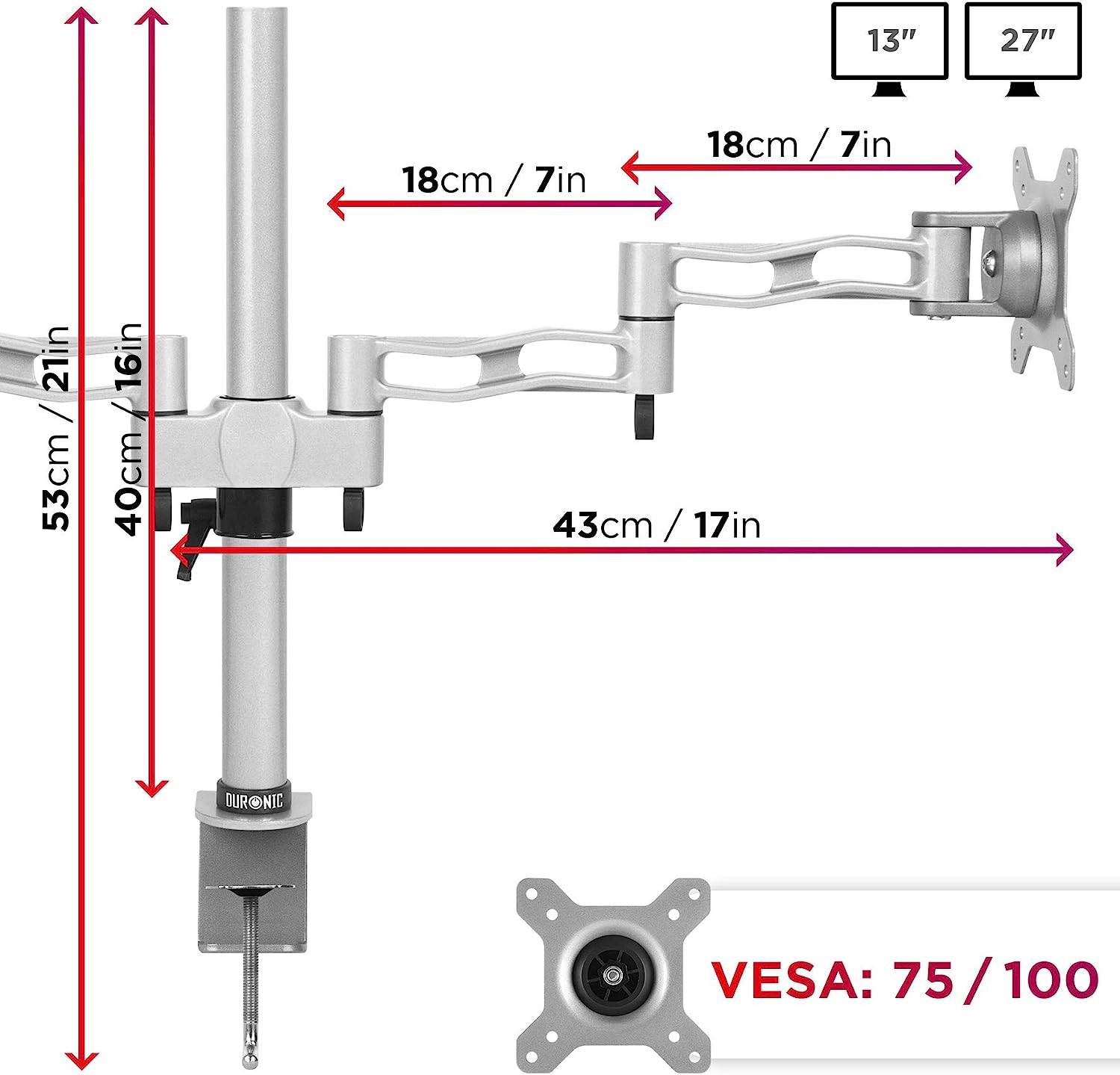Duronic DM352 SR Monitorhalterung für zwei 27" - 8kg Kapazität - Verstellbar in Höhe, Neigung und Drehung - VESA 75/100
