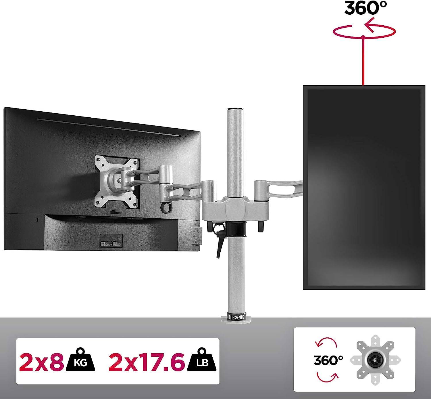 Duronic DM352 SR Monitorhalterung für zwei 27" - 8kg Kapazität - Verstellbar in Höhe, Neigung und Drehung - VESA 75/100