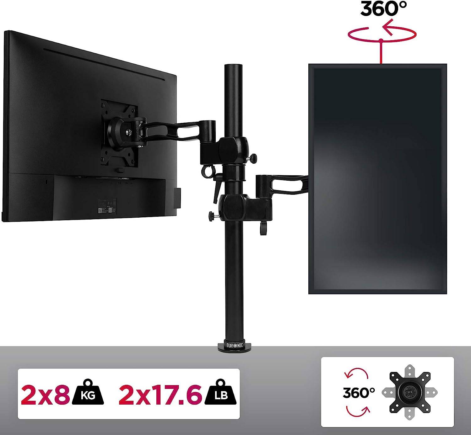 Duronic DM35V2X2 Monitorhalterung für zwei 27" - 8kg Kapazität - Verstellbar in Höhe, Neigung und Drehung - VESA 75/100