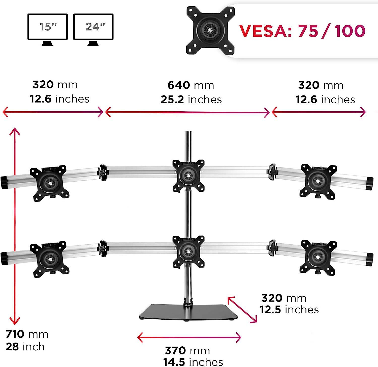 Duronic DM756 Monitorfuß für sechs 24 Zoll - 5kg Kapazität - Verstellbar in Höhe, Neigung und Drehung - VESA 75/100
