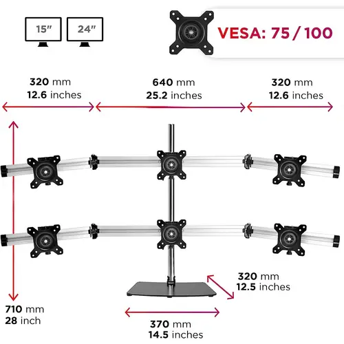Duronic DM756 Monitorfuß für sechs 24 Zoll - 5kg Kapazität - Verstellbar in Höhe, Neigung und Drehung - VESA 75/100 Duronic DM756 Monitorfuß für sechs 24 Zoll - 5kg Kapazität - Verstellbar in Höhe, Neigung und Drehung - VESA 75/100