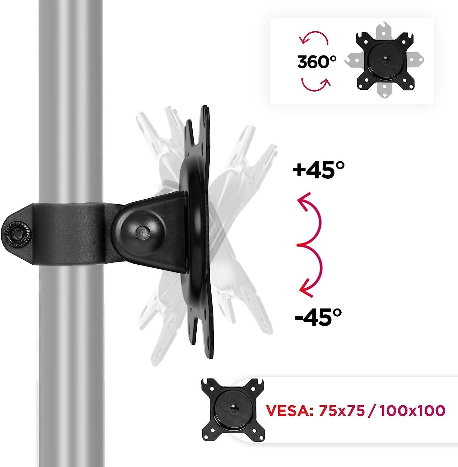 Duronic DM15/25 Head - VESA 75/100 Kopf für Monitore bis 27 Zoll - Drehbar um 360° - (-)45° Neigungswinkel - Ø 32 mm