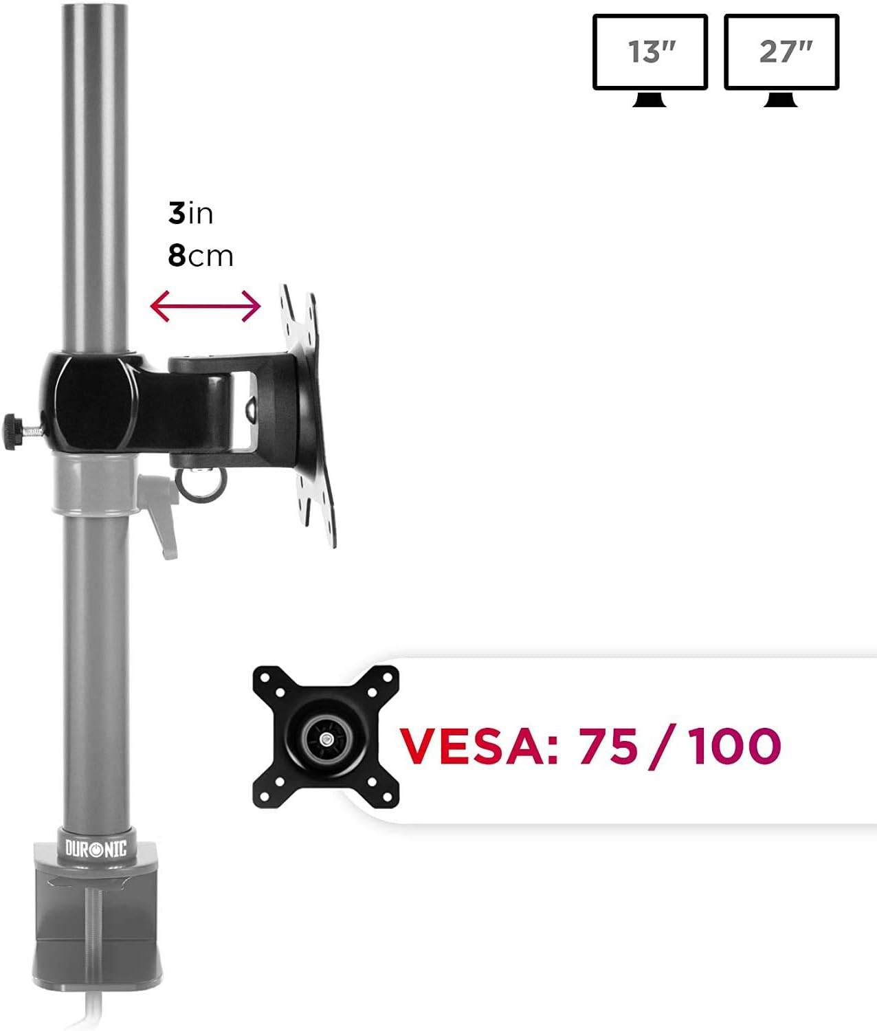 Duronic DM35 Head - VESA 75/100 Kopf für Monitore bis 27 Zoll - Drehbar um 360° - (-)15° Neigungswinkel - Ø 32 mm