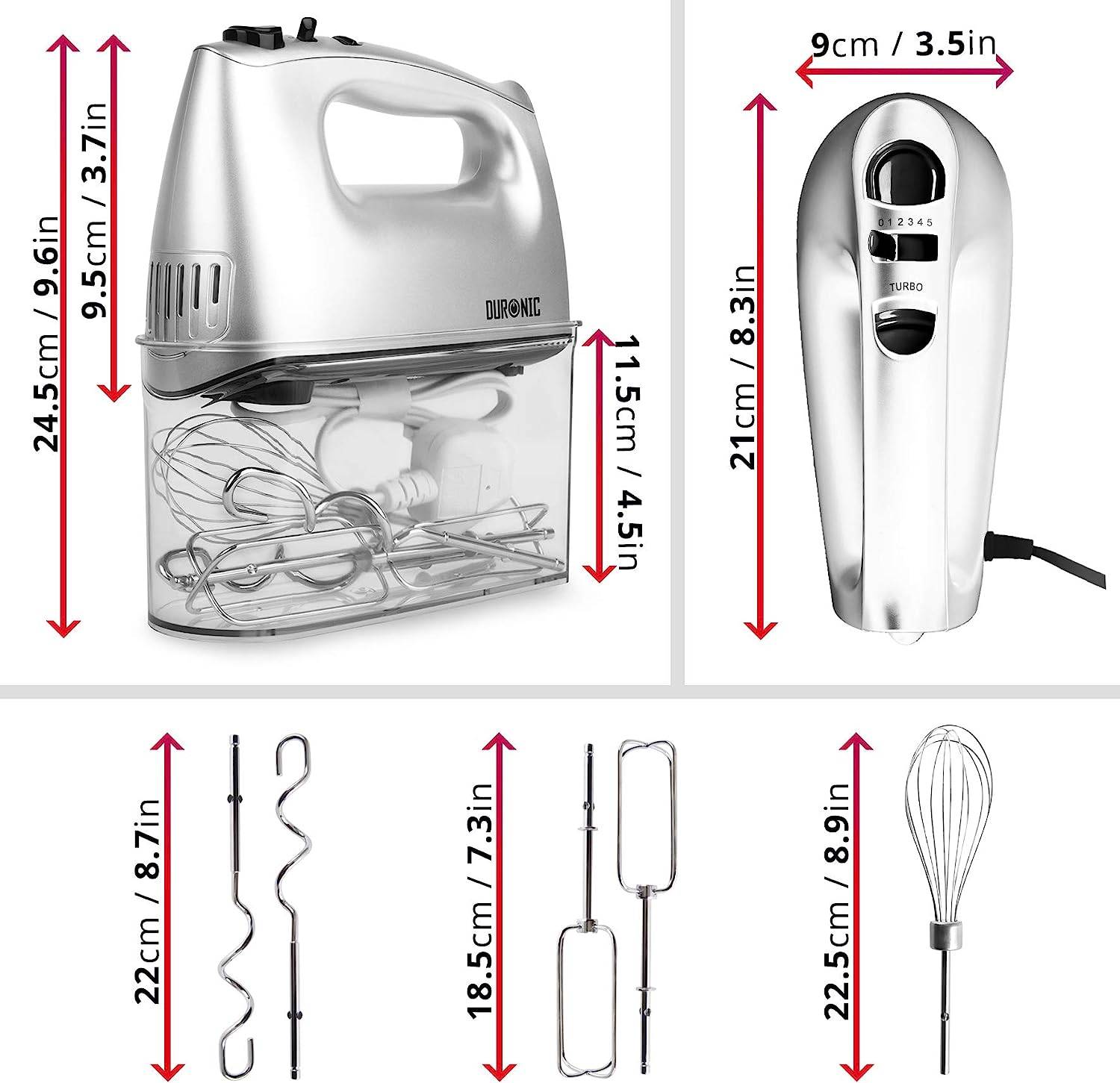 Duronic HM4 SR elektrischer Handmixer - 400 Watt - Aufbewahrungsbox mit Zubehör aus Edelstahl - Turbofunktion