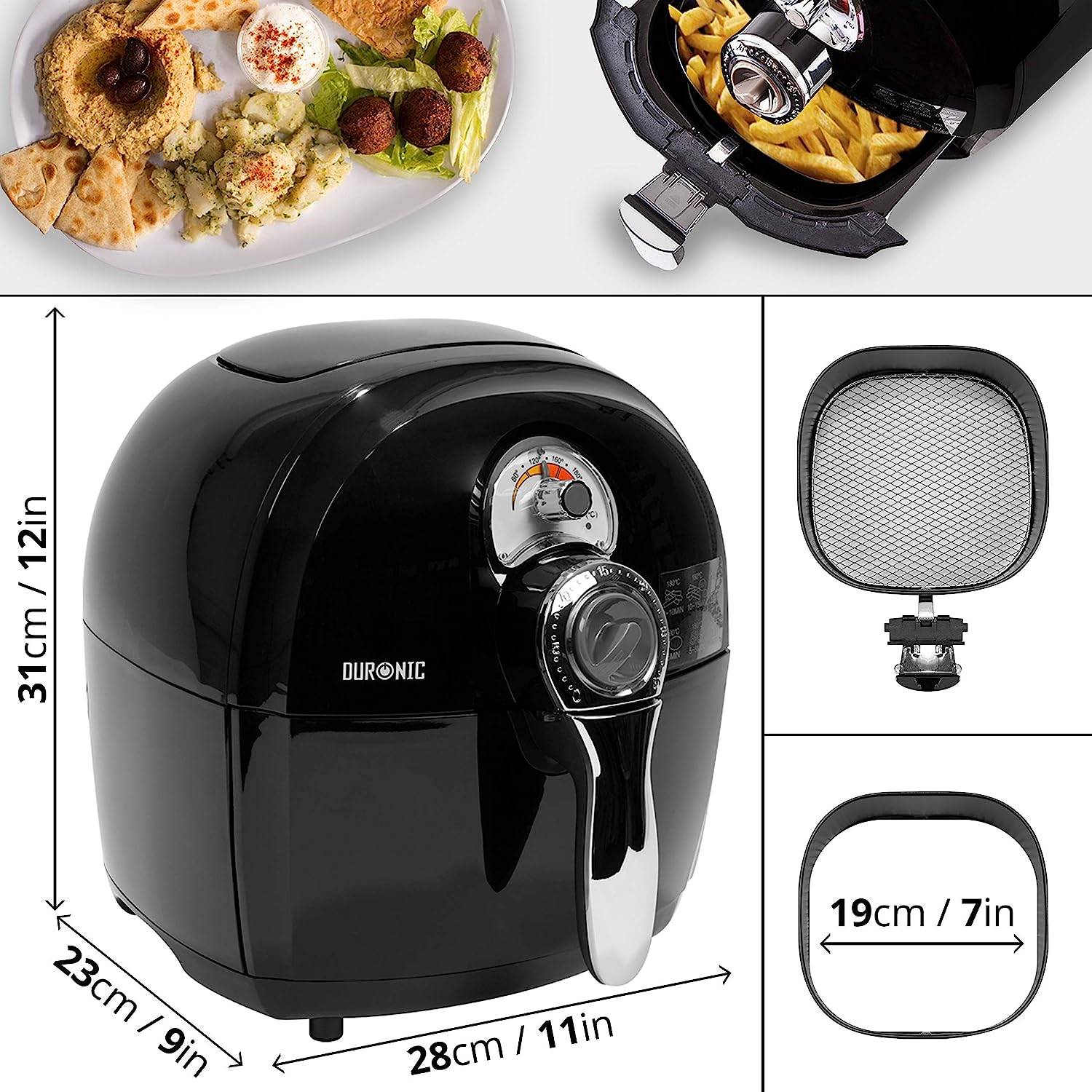 Duronic AF1 BK Heißluftfritteuse - 1500W - Bis 200°C - 2L Fassungsvermögen - Air Fryer mit Timer - Einfach zu reinigen