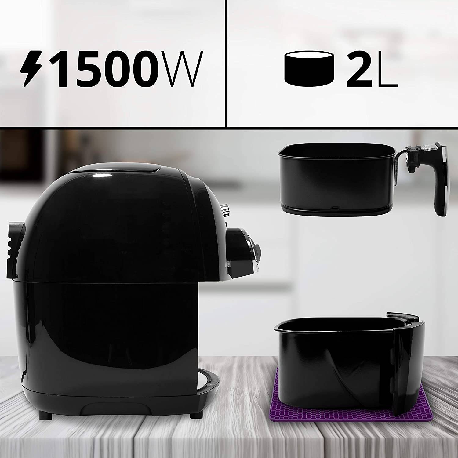 Duronic AF1 BK Heißluftfritteuse - 1500W - Bis 200°C - 2L Fassungsvermögen - Air Fryer mit Timer - Einfach zu reinigen