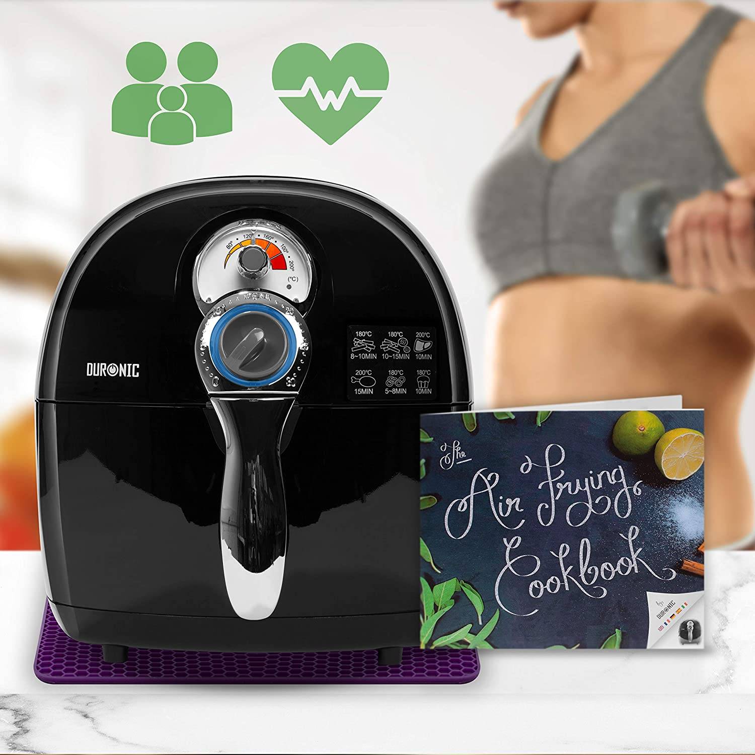 Duronic AF1 BK Heißluftfritteuse - 1500W - Bis 200°C - 2L Fassungsvermögen - Air Fryer mit Timer - Einfach zu reinigen