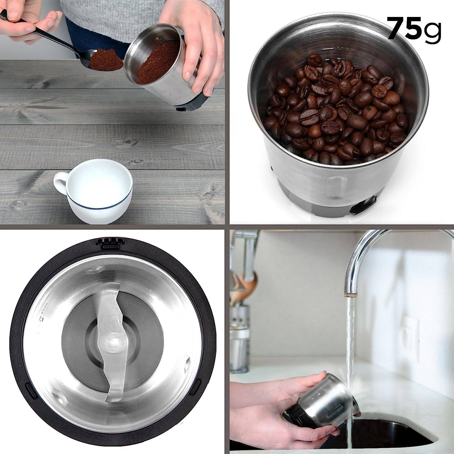 Duronic CG250 Kaffeemühle/elektrische Gewürzmühle - abnehmbarer Behälter – 75g Fassungsvermögen – 250W – Edelstahlklinge