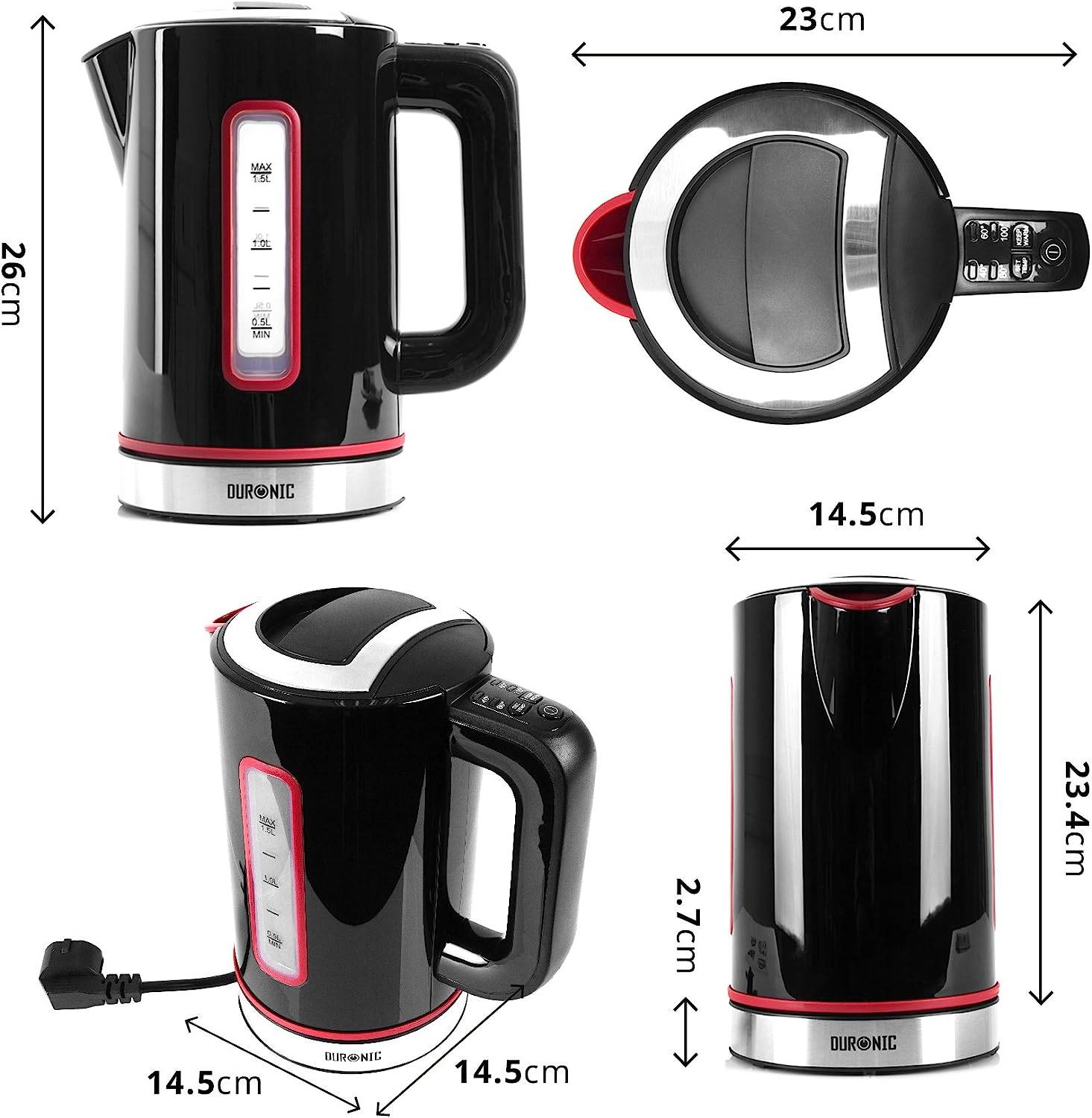 Duronic EK30 BK Wasserkocher - Wassererhitzer mit 3000W - Wasserkessel mit Thermostat - 40-100°C - Fassungsvermögen 1,5l