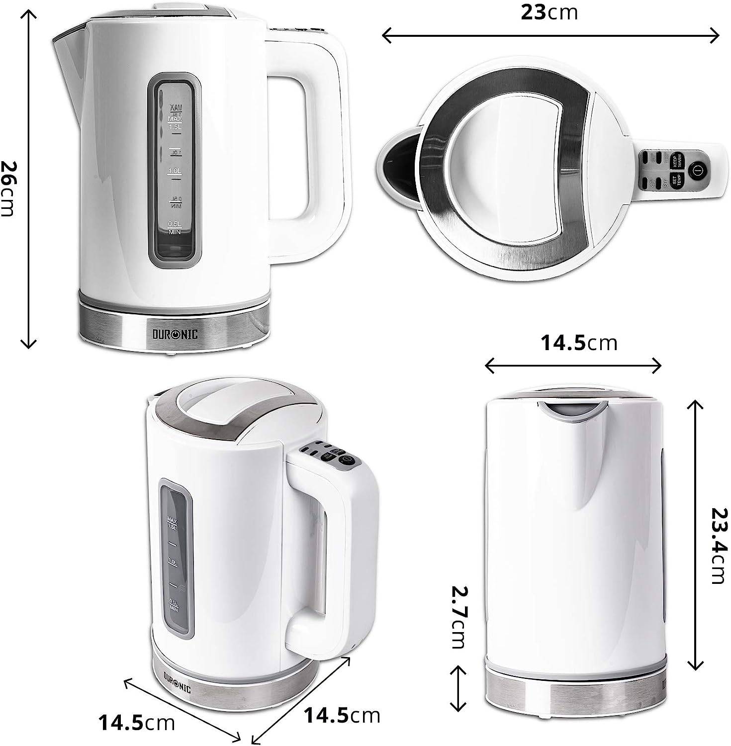 Duronic EK30 WE Wasserkocher - Wassererhitzer mit 3000W - Wasserkessel mit Thermostat - 40-100°C - Fassungsvermögen 1,5l