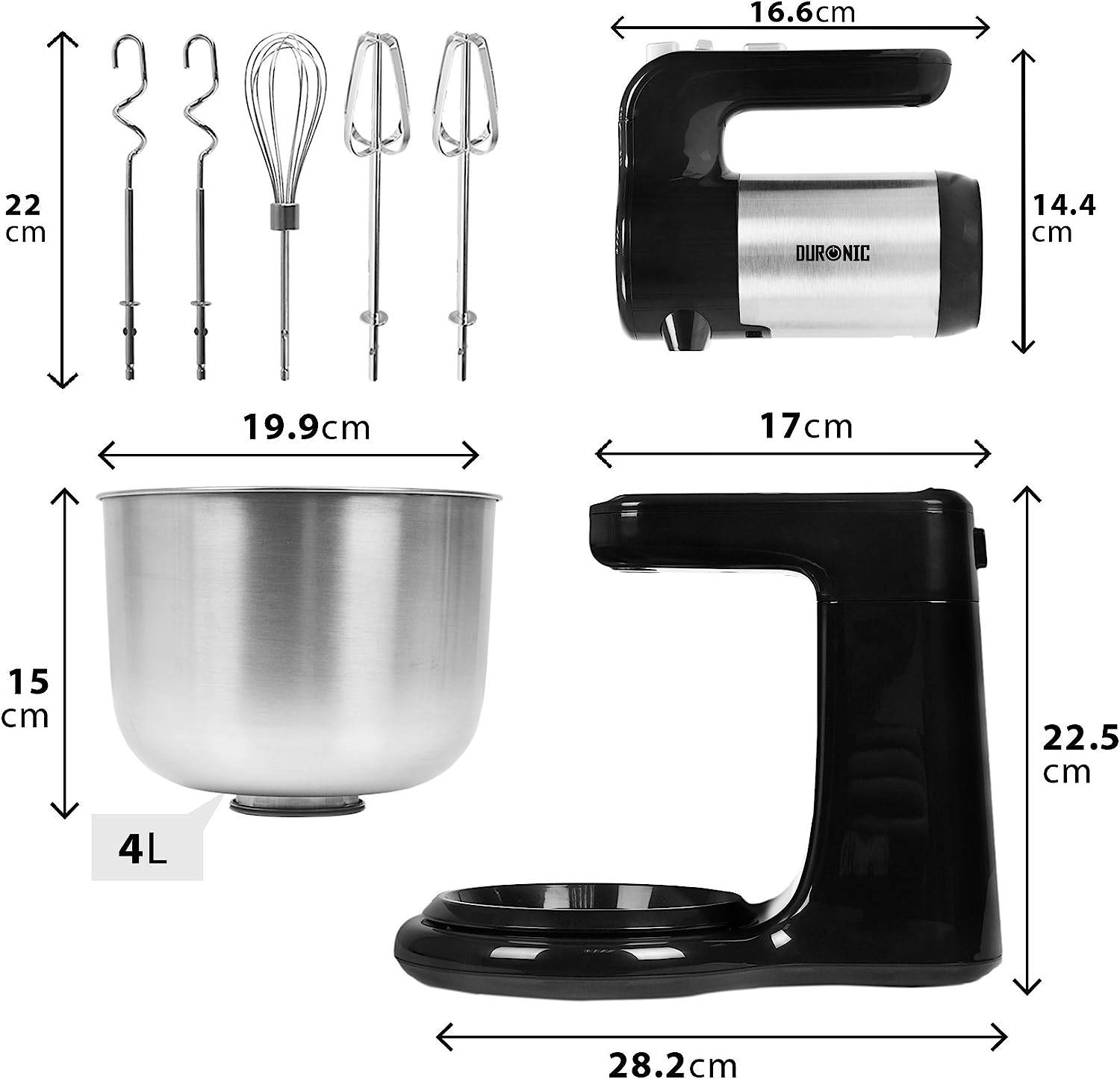 Duronic SM3 Küchenmaschine - Standmixer mit 4L Edelstahlschüssel - Mixer mit Rührhaken, Schneebesen und Knethaken, 300W