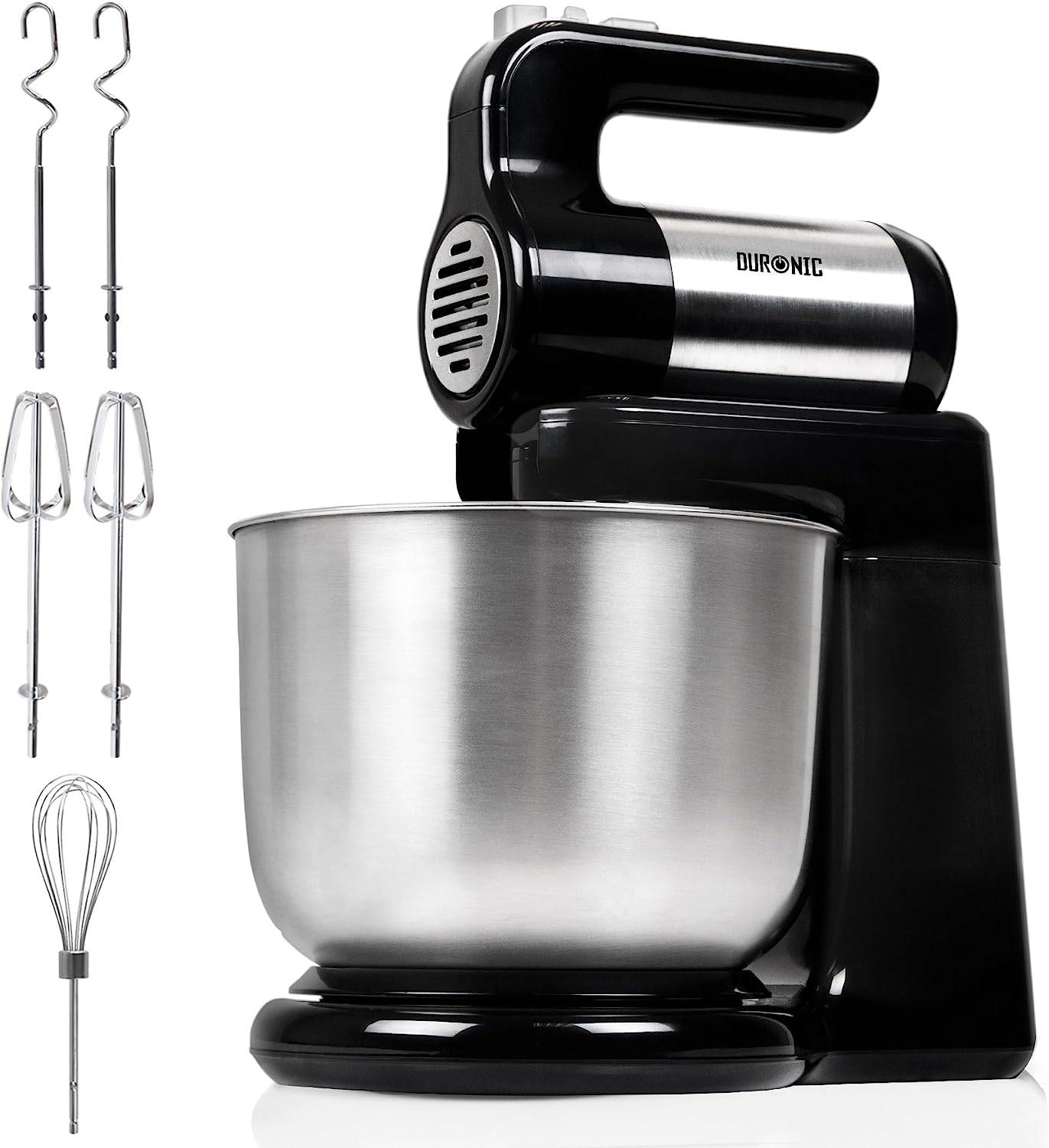 Duronic SM3 Küchenmaschine - Standmixer mit 4L Edelstahlschüssel - Mixer mit Rührhaken, Schneebesen und Knethaken, 300W