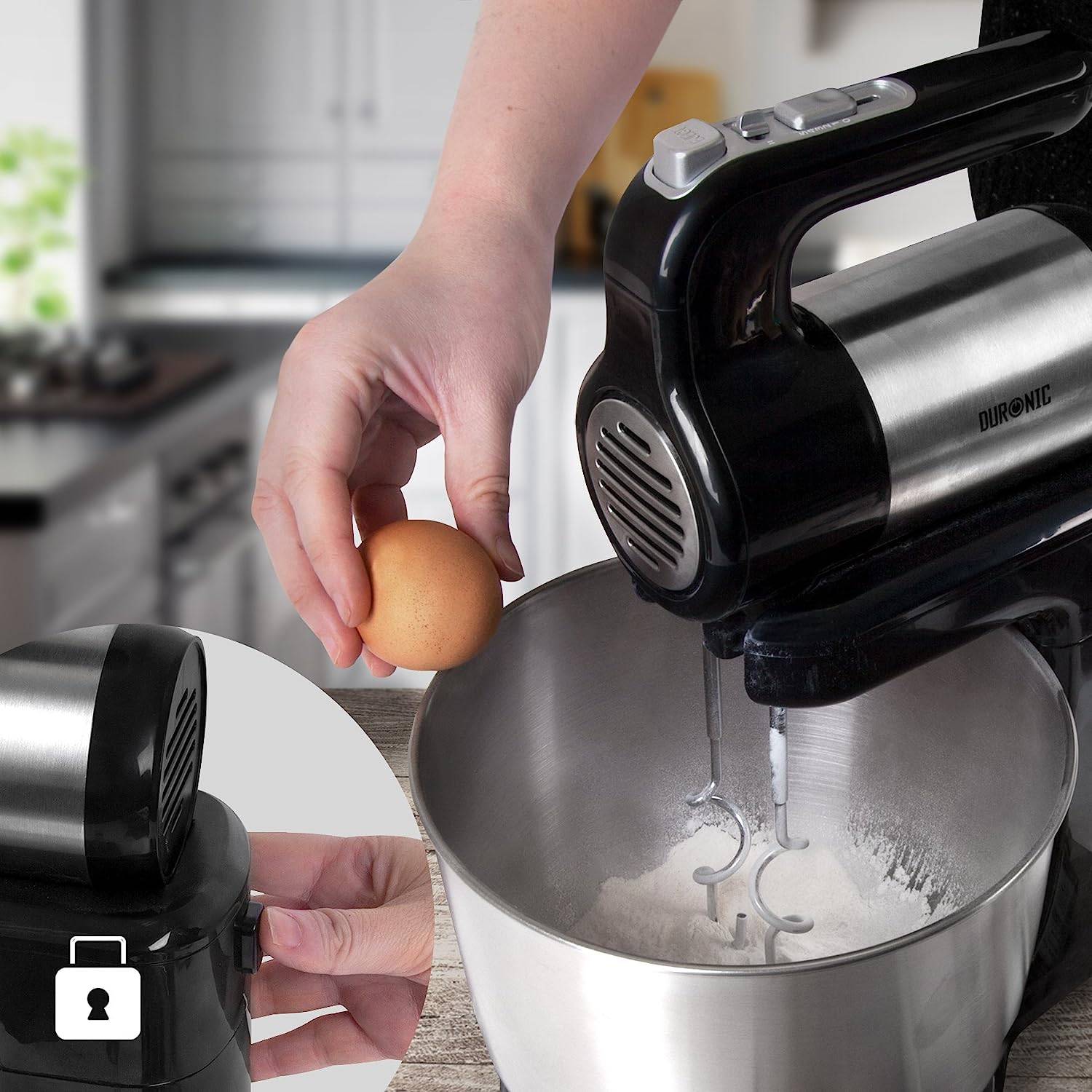 Duronic SM3 Küchenmaschine - Standmixer mit 4L Edelstahlschüssel - Mixer mit Rührhaken, Schneebesen und Knethaken, 300W