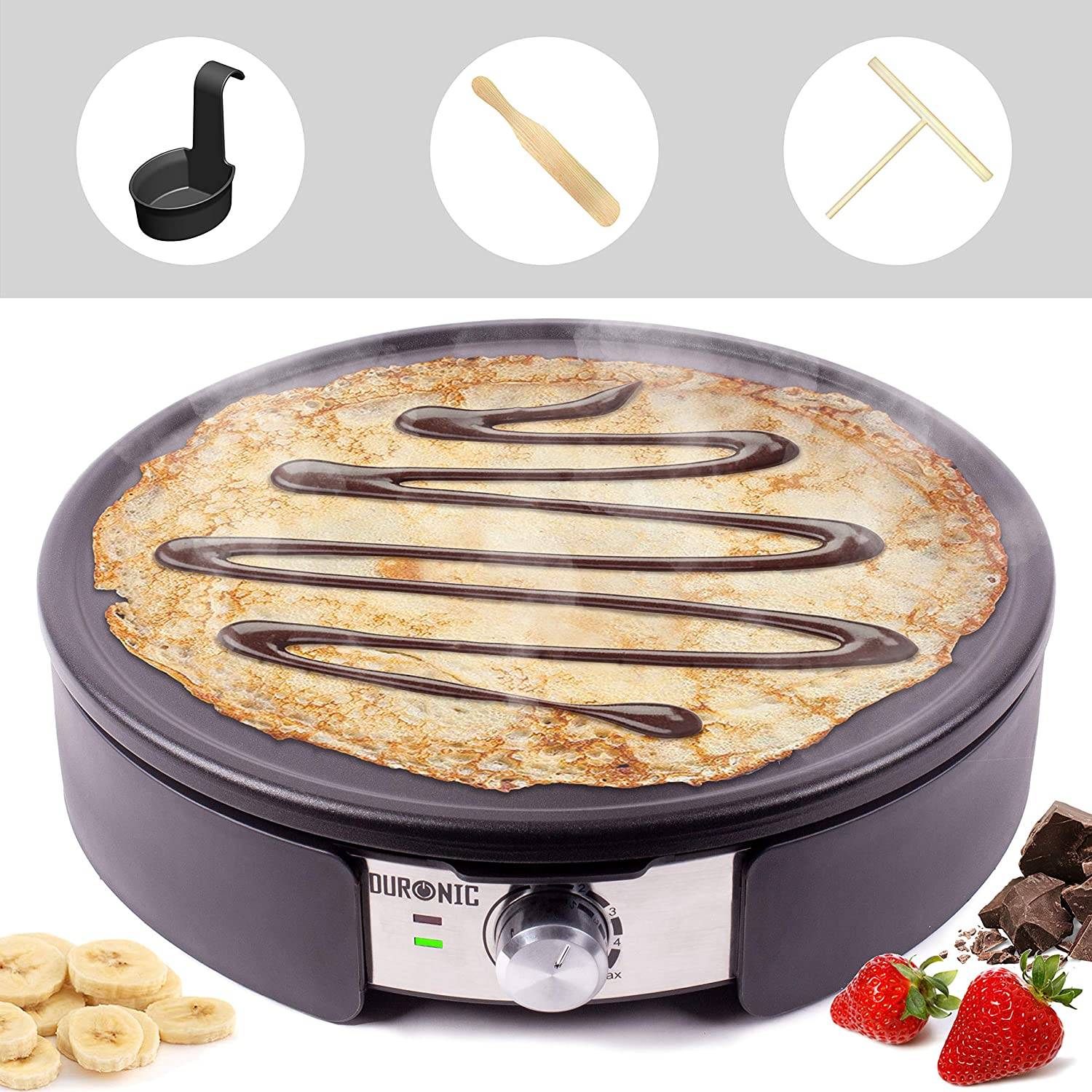 Duronic PM152 Crepe Maker - 1500 Watt - mit 37 cm Antihaftplatte - Teigverteiler, Wender und Messbehälter