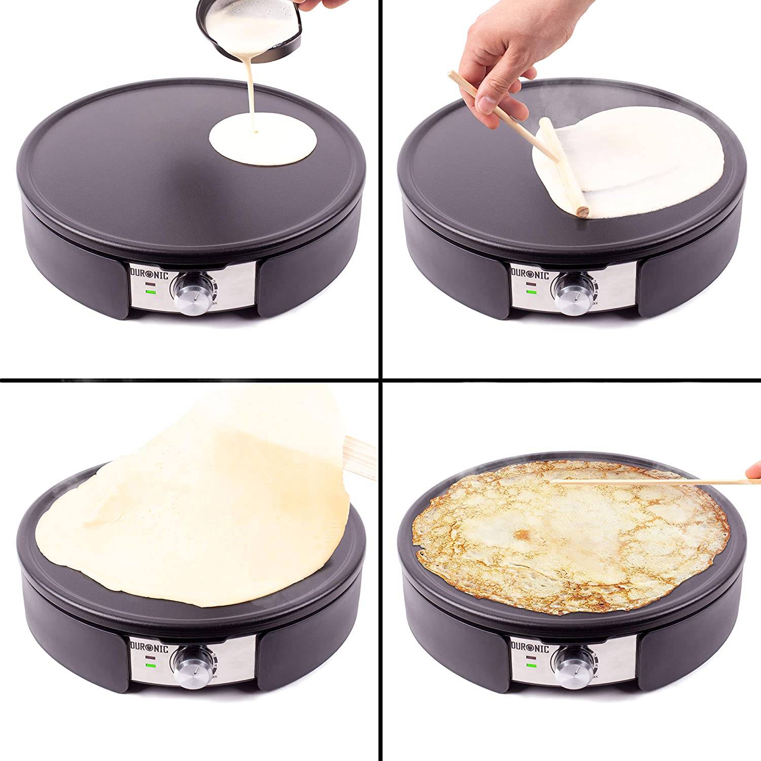 Duronic PM152 Crepe Maker - 1500 Watt - mit 37 cm Antihaftplatte - Teigverteiler, Wender und Messbehälter
