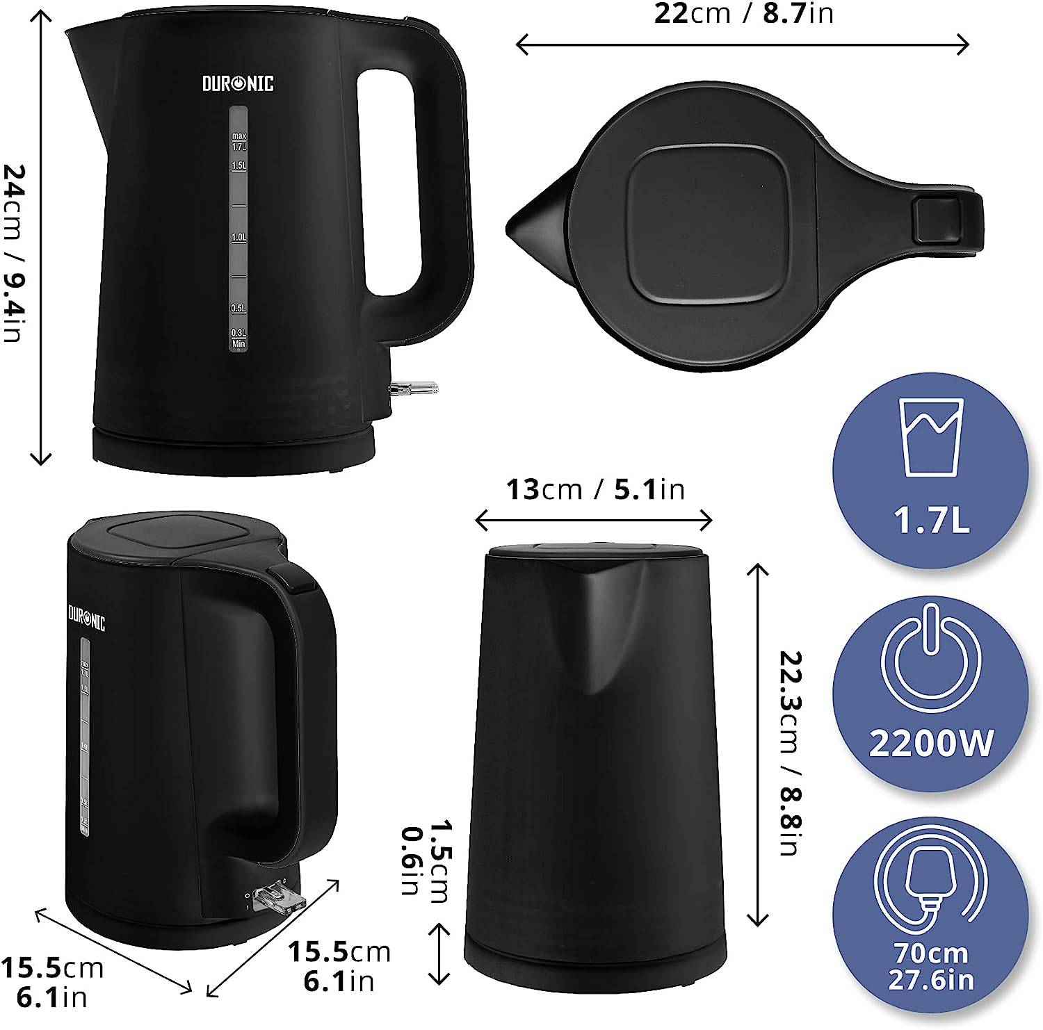Duronic EK17 BK Wasserkocher - 1,7l Fassungsvermögen - 2200 Watt - Schnellkochend - Basis mit kabellosem Wasserkocher