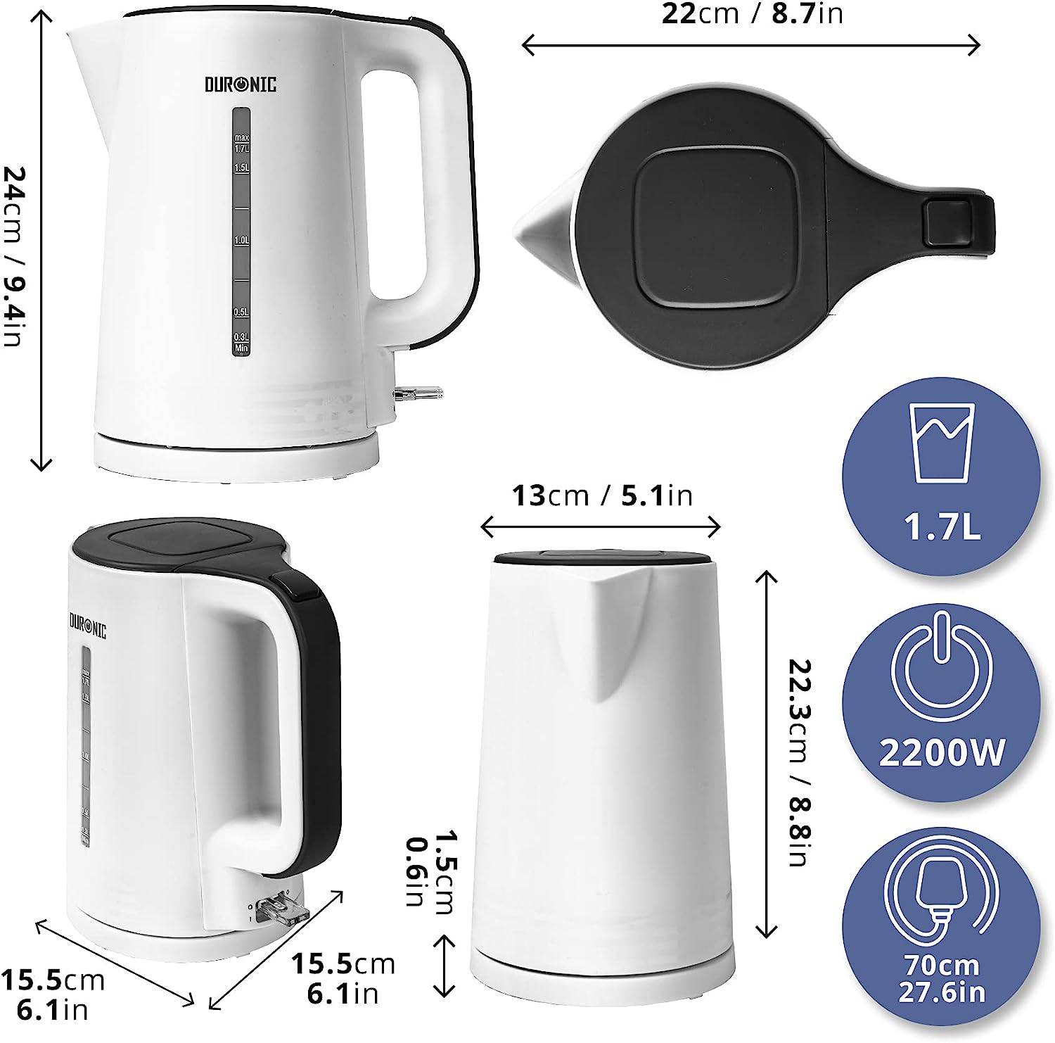 Duronic EK17 WE Wasserkocher - 1,7l Fassungsvermögen - 2200 Watt - Schnellkochend - Basis mit kabellosem Wasserkocher