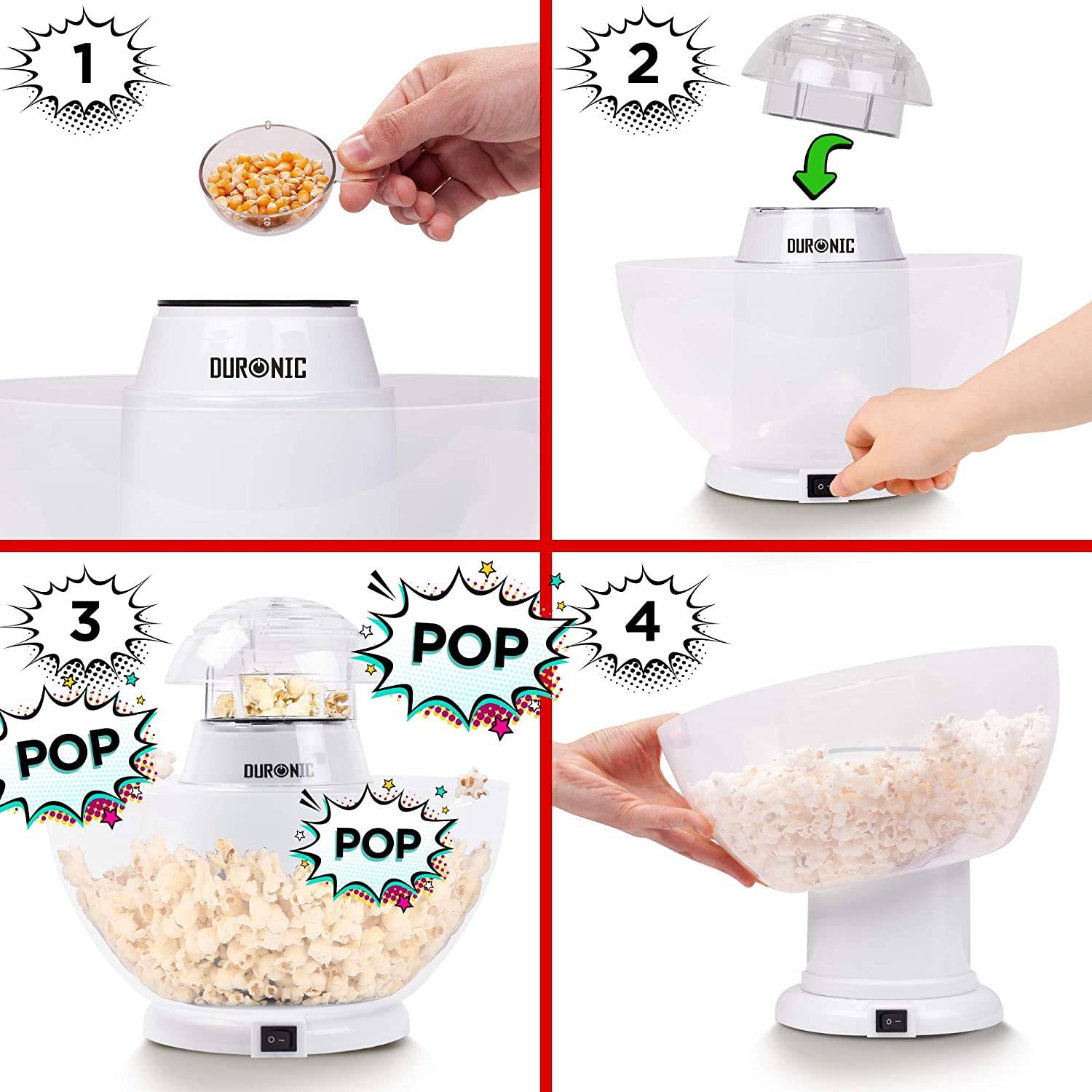 Duronic POP50 WE Popcornmaschine - Heißluft ohne Fett & Öl - 1200 Watt - inkl. Messbecher - für 50 Gramm Mais