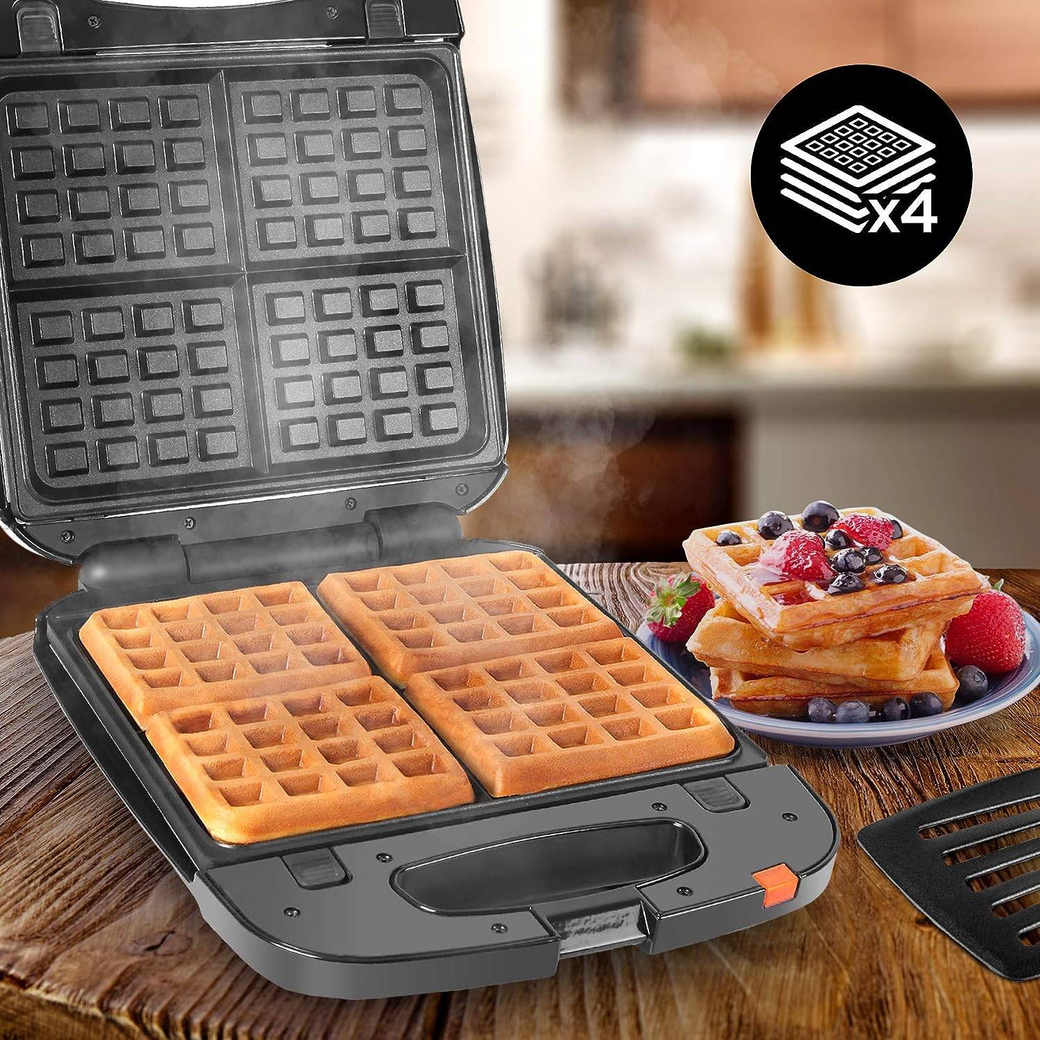 Duronic WM60 Waffeleisen - Waffelautomat für 4 Waffeln - Waffel Maker 1200W - Abnehmbare Antihaft-Kochplatten