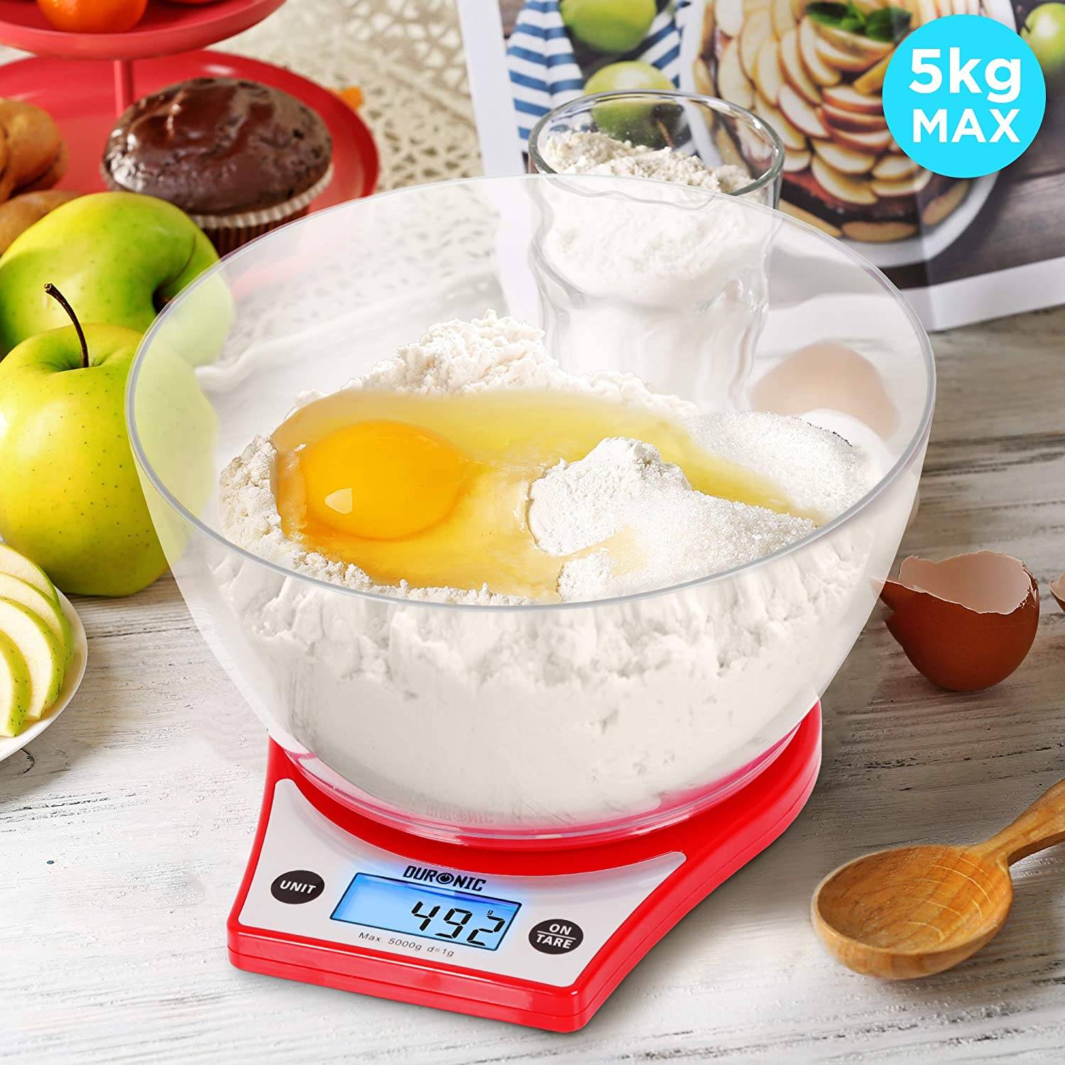 Duronic KS6000 RD Küchenwaage - Ultradünne Küchenwaage mit beleuchtetem Display - 1 g - 5 kg Kapazität mit 2 L Schüssel