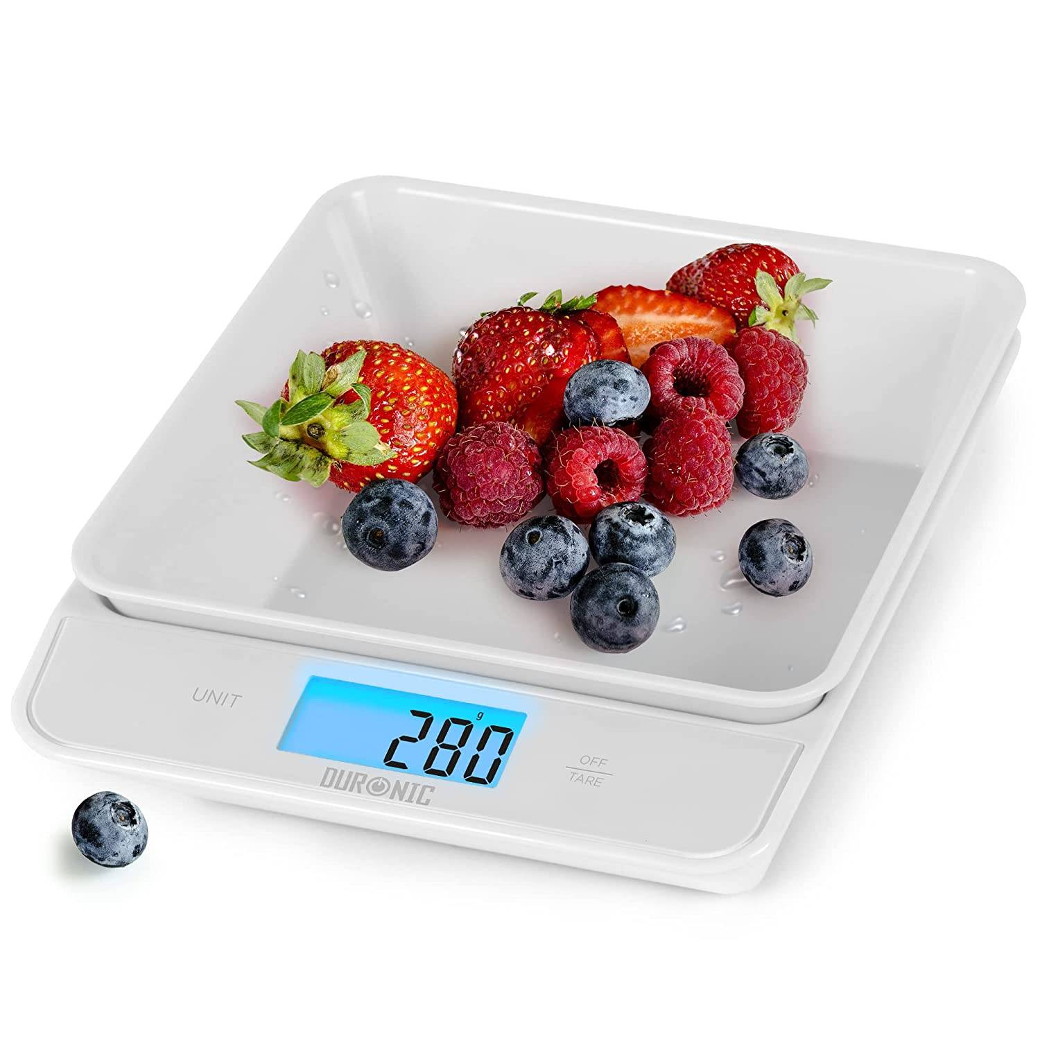 Duronic KS100 WH Küchenwaage - Digitale Lebensmittelwaage mit 1,2 L abnehmbarer Schüssel - Haushaltswaage bis 5kg