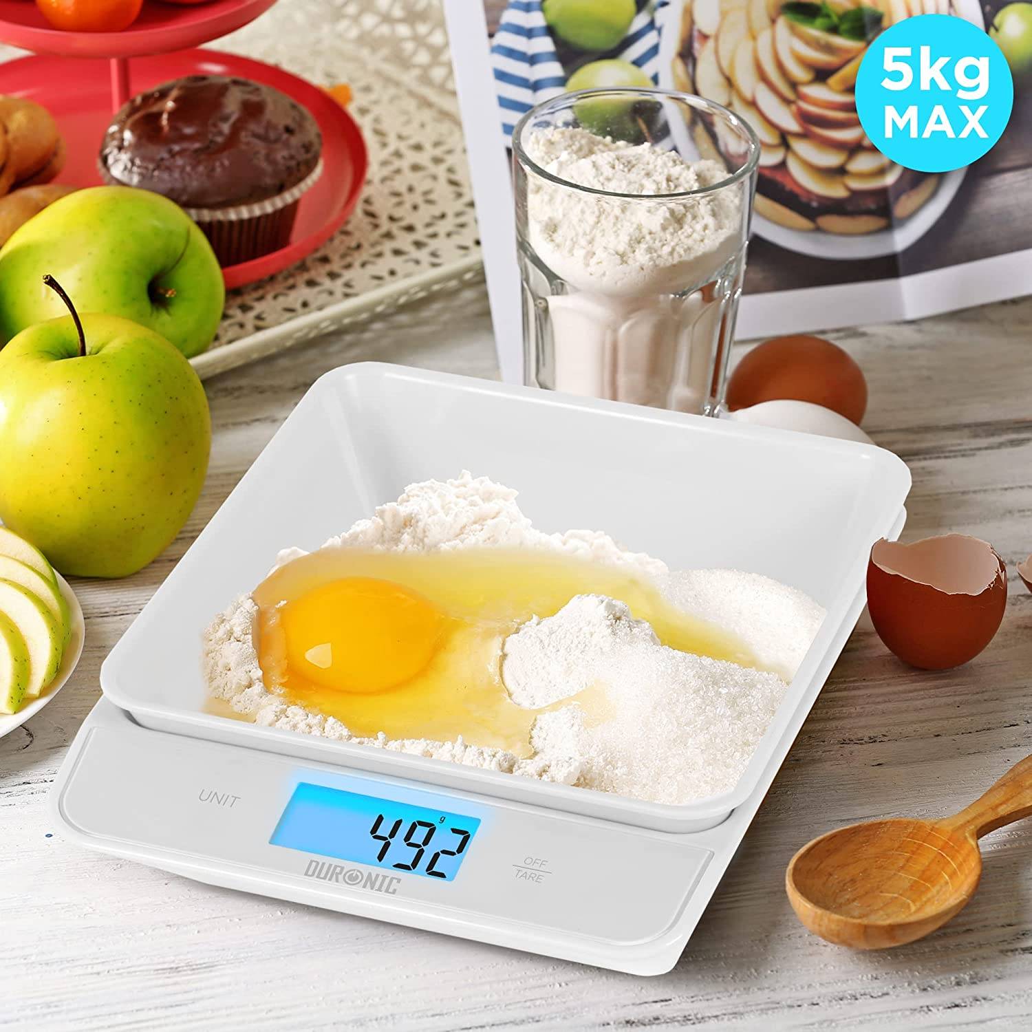 Duronic KS100 WH Küchenwaage - Digitale Lebensmittelwaage mit 1,2 L abnehmbarer Schüssel - Haushaltswaage bis 5kg