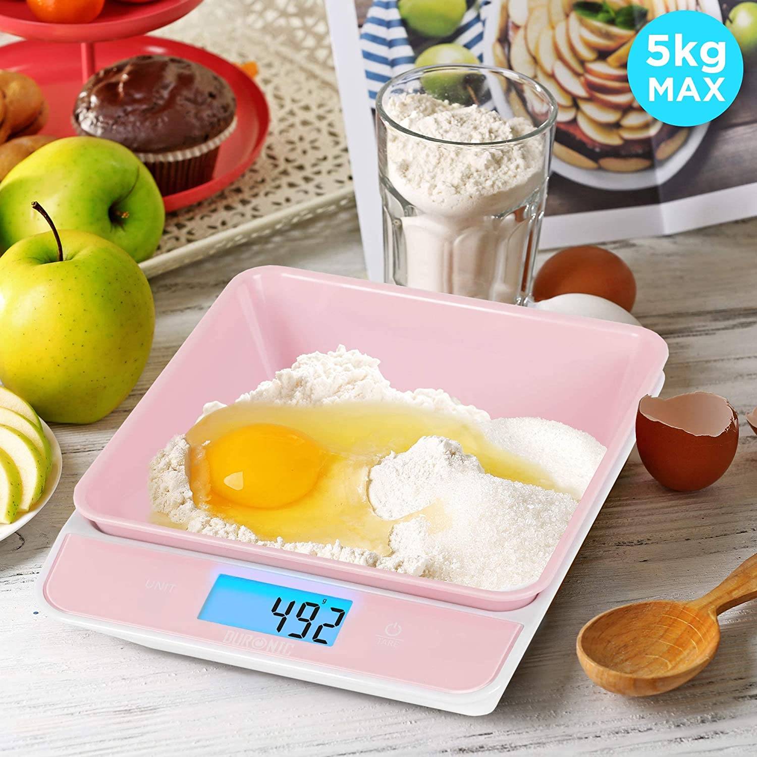 Duronic KS100 PK Küchenwaage - Digitale Lebensmittelwaage mit 1,2 L abnehmbarer Schüssel - Haushaltswaage bis 5kg