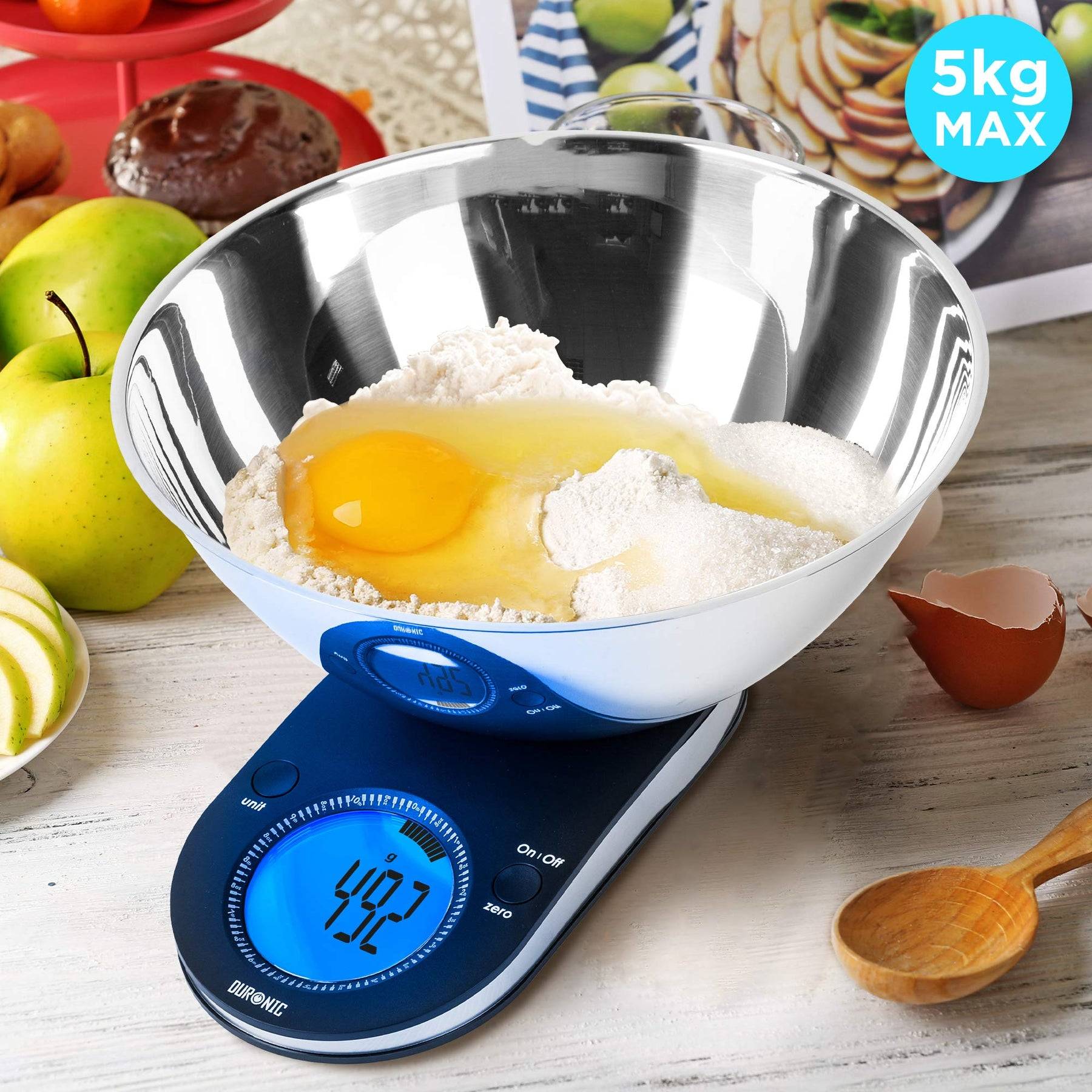 Duronic KS5000 Digitale Küchenwaage/Digitalwaage/Elektronische Waage mit Edelstahl Schüssel, LCD Display, 5 kg