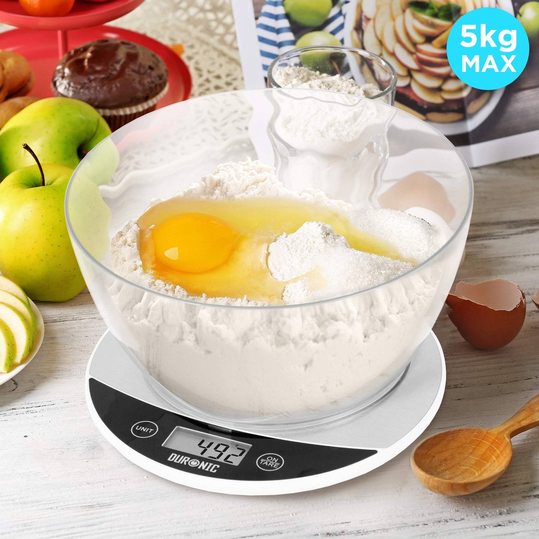 Duronic KS3000 Küchenwaage - Ultradünne Küchenwaage mit digitalen Display - 1 g - 5 kg Kapazität mit 2 L Schüssel