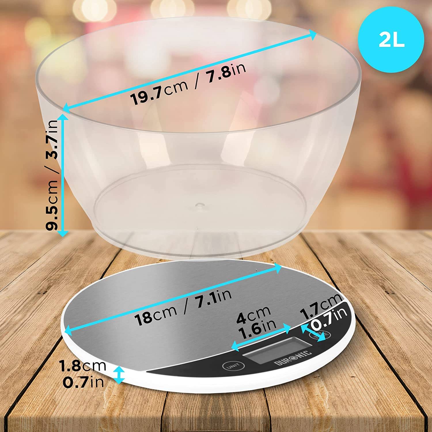 Duronic KS3000 Küchenwaage - Ultradünne Küchenwaage mit digitalen Display - 1 g - 5 kg Kapazität mit 2 L Schüssel